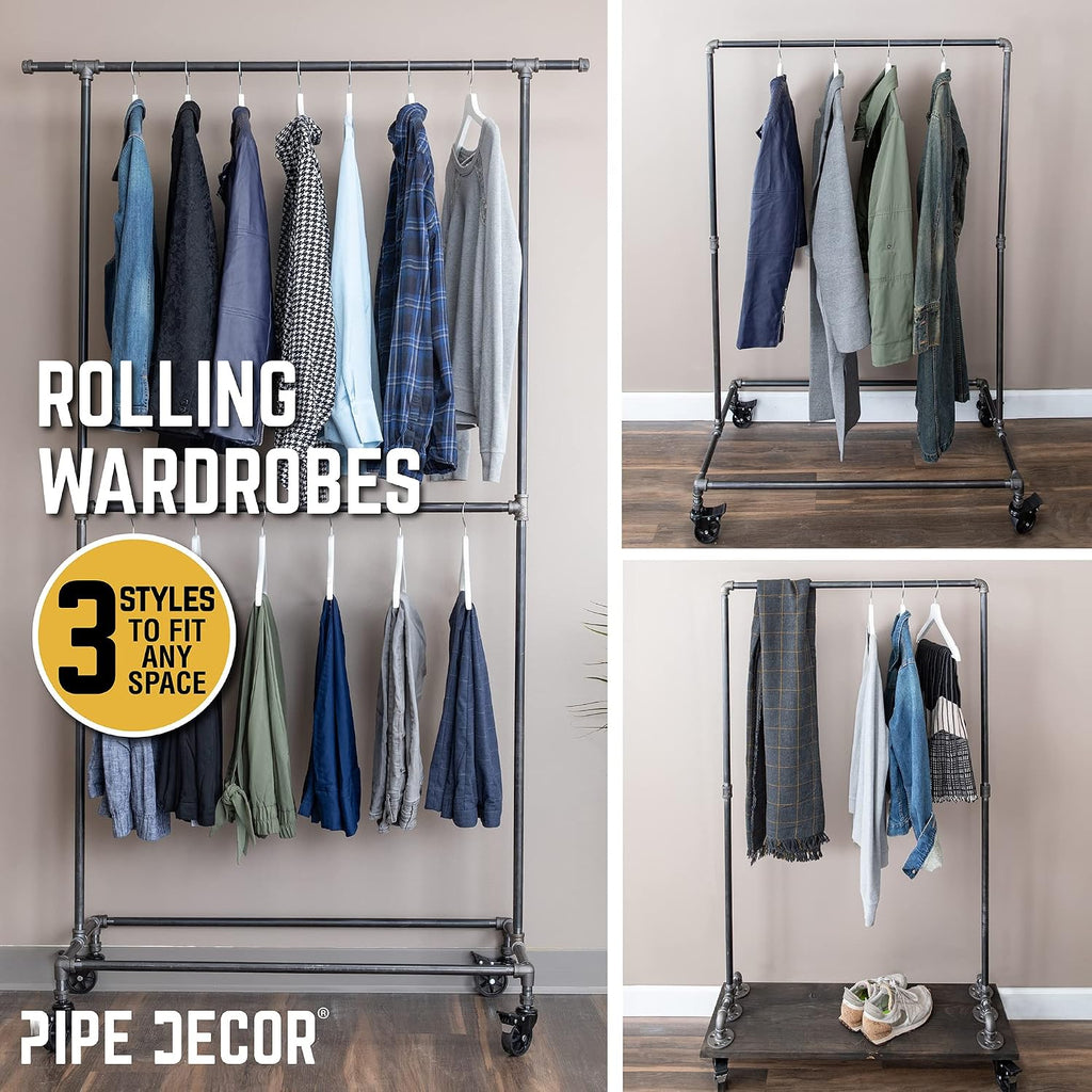 PIPE DECOR 36' x 11 ½' x 59 ½' Rolling Steel Pipe Clothing Rack with Wood Shelf, Commercial or Residential Industrial Clothes Display, Heavy Duty Black Steel Metal Wheeled Garment Frame