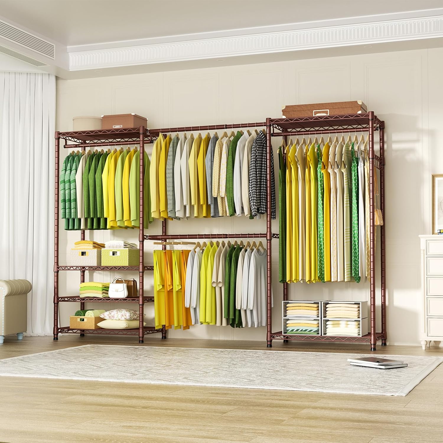 Ulif E1 Heavy Duty Closet Garment Rack, 6 Tiers Adjustable Metal Freestanding Expandable Clothing Storage with 4 Hanger Rods, Easy to Assemble Wardrobe, 71.4' H x (70' - 88.2') L x 14' D, Bronze