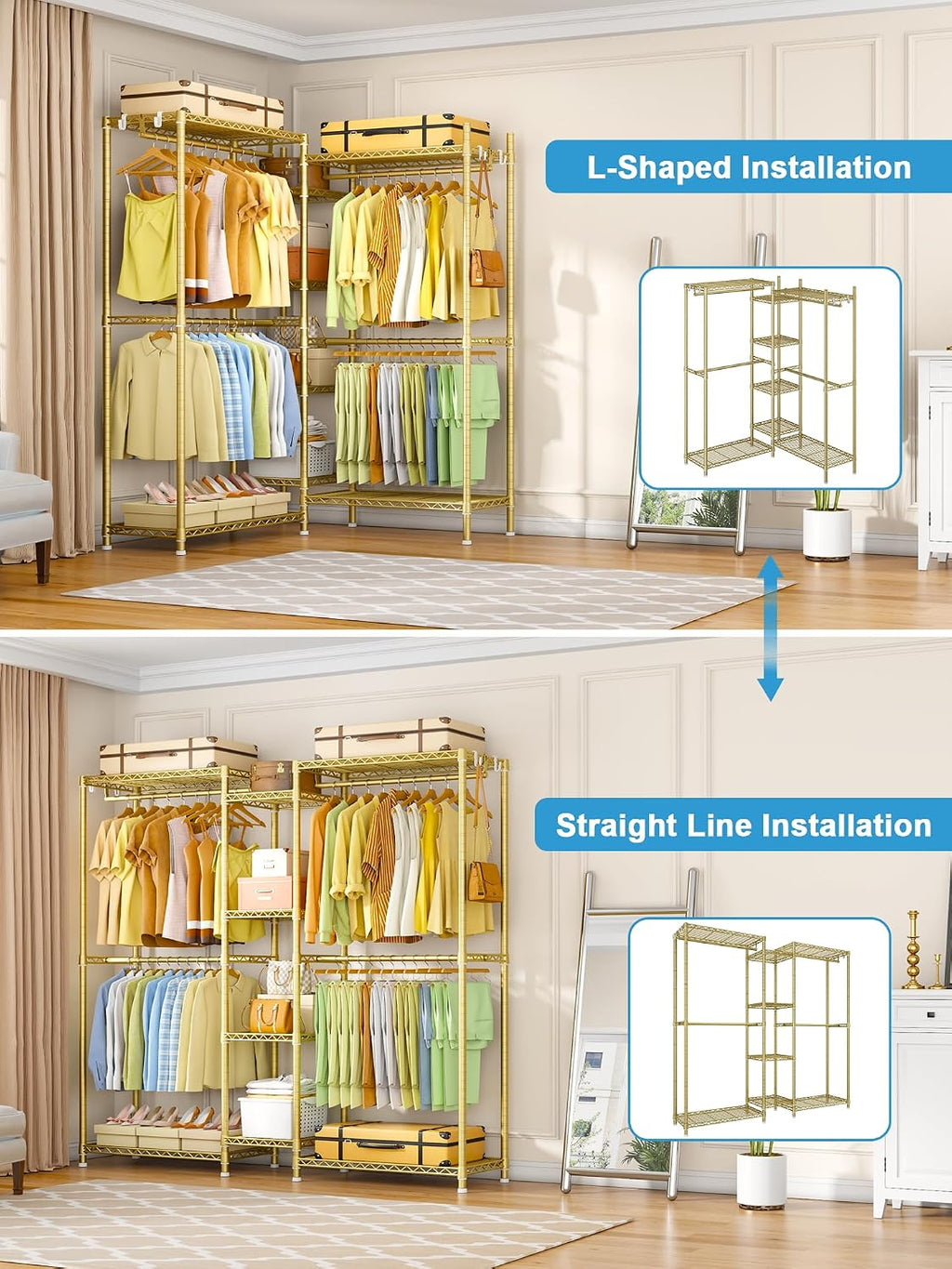 Ulif E4 Clothes Rack, Heavy-Duty Garment Rack, Metal Freestanding Clothing Organization Storage System Can Be L-Shaped with Shelves and Hangers, Max Load 962lbs, 71.6' W x 14.5' D x 79.3' H, Gold