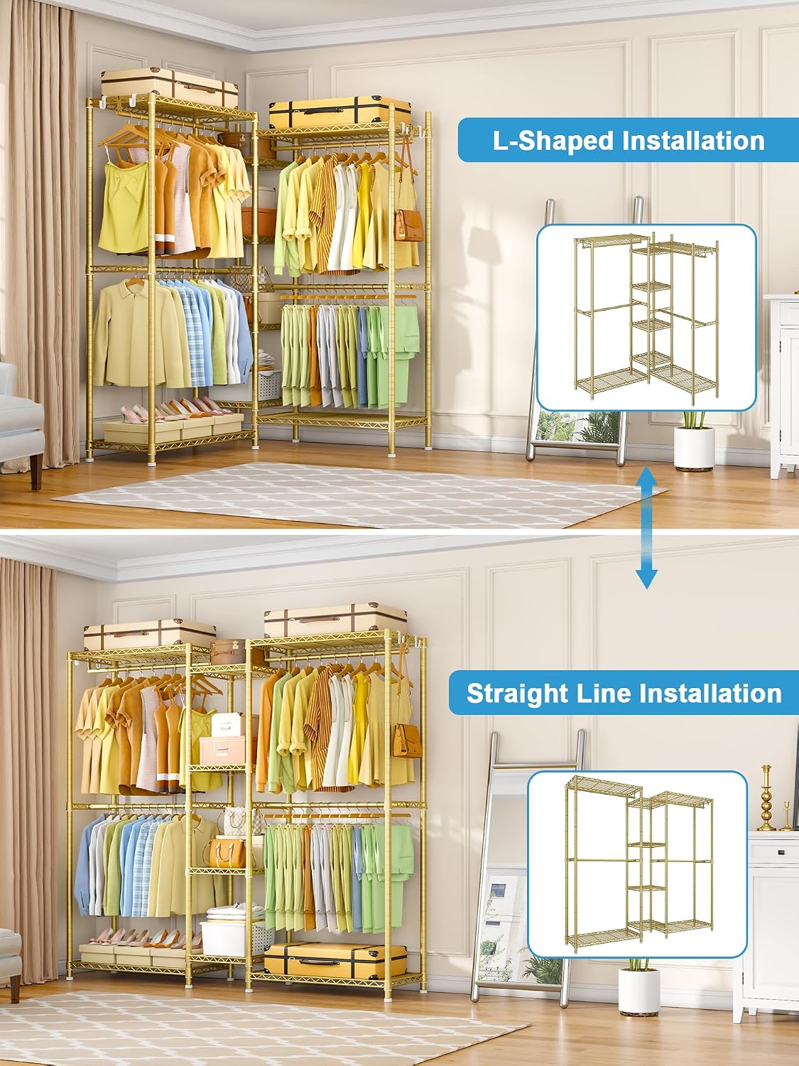 Ulif E4 Clothes Rack, Heavy-Duty Garment Rack, Metal Freestanding Clothing Organization Storage System Can Be L-Shaped with Shelves and Hangers, Max Load 962lbs, 71.6' W x 14.5' D x 79.3' H, Gold