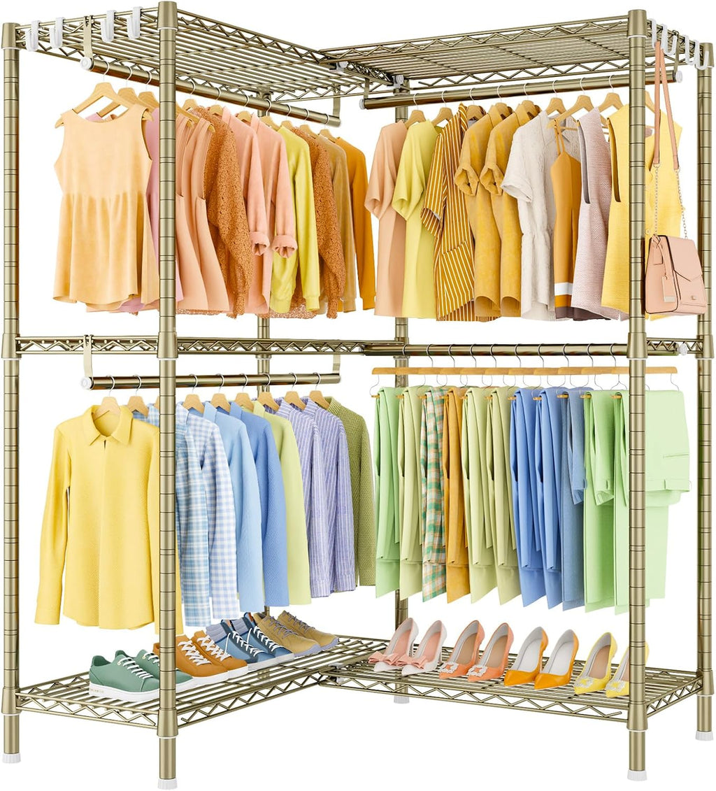 ULIFHOME E15 Garment Rack L Shaped Clothes Rack for Corner，Freestanding Clothing Racks for Hanging Clothes，Heavy Duty Closet Organizer with 4 Hanging Rods & 8 S Hooks，43.4' W x 15.8' D x 78.4' H，Gold
