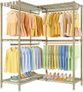 ULIFHOME E15 Garment Rack L Shaped Clothes Rack for Corner，Freestanding Clothing Racks for Hanging Clothes，Heavy Duty Closet Organizer with 4 Hanging Rods & 8 S Hooks，43.4' W x 15.8' D x 78.4' H，Gold