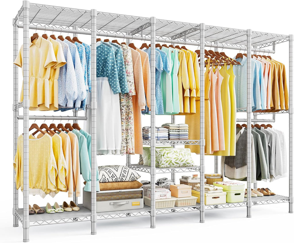 Raybee 88.2' W Clothes Rack Heavy Duty Clothing Racks for Hanging Clothes Extra Wide Portable Closet Loads 1200LBS Freestanding Garment Rack for Bedroom 88.2' W x 75.6' H x 15.7' D, White