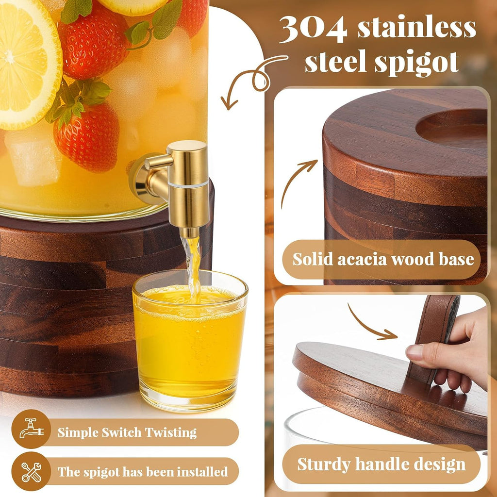 FillTouch 1 Pack 5 Gallon Glass Drink Dispenser with Acacia Wood Stand & Lid,Stainless Steel Spigot ,Large Leak-Proof Drink Beverage Dispenser for Juice Lemonade Sangria Party Weddings Outdoor Events