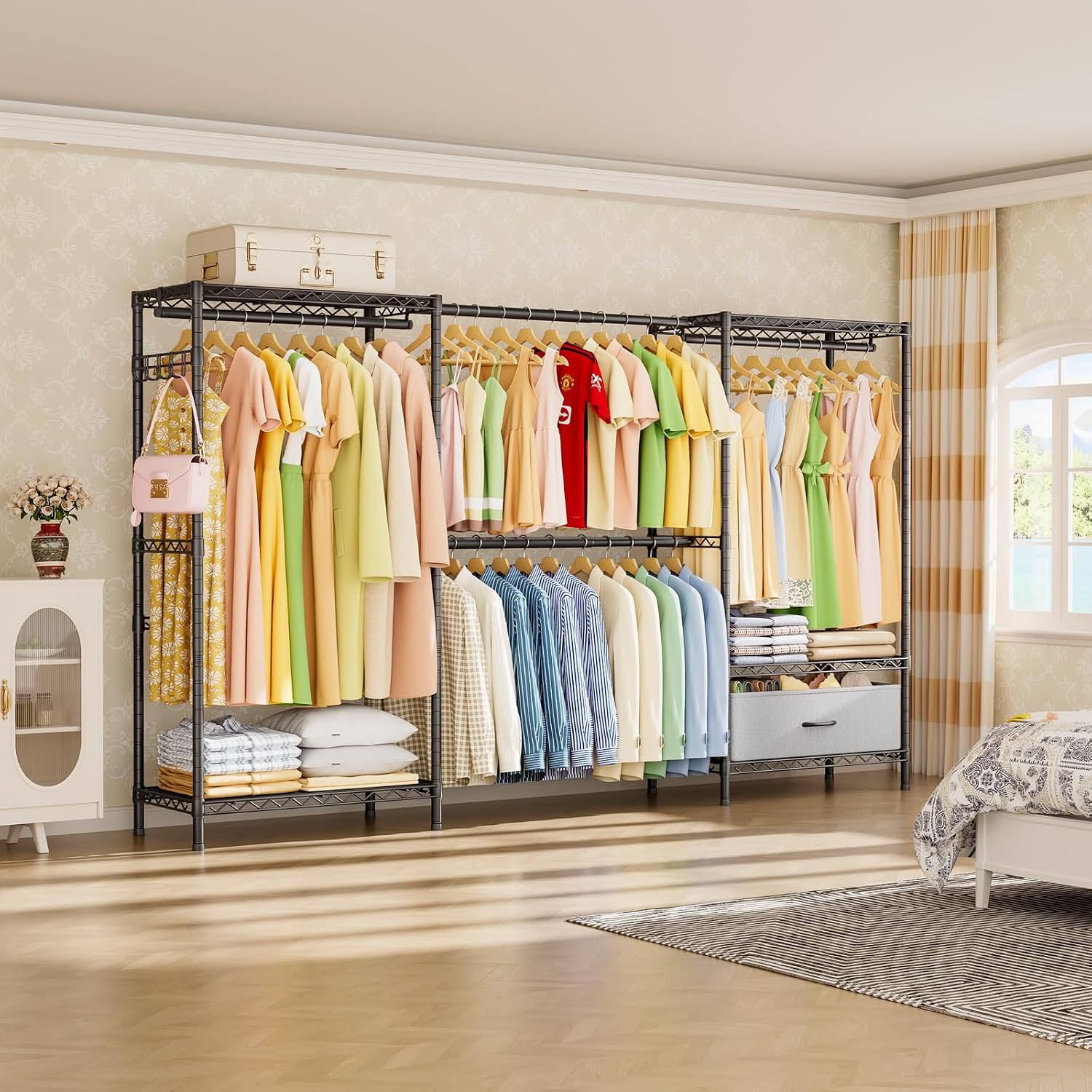 Golpart Coat Rack Clothes Wardrobe：Closet Organizer and Storage Clothing Garment Rack with Shelves Heavy Duty for Hanging Clothes Portable Adjustable Black 15.8' DX(70-88)' WX76.5 H