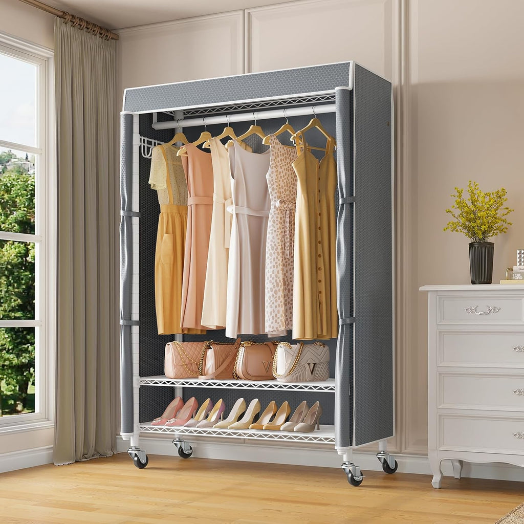 VIPEK R3C Portable Closet with Cover - Heavy Duty Freestanding Clothes Rack with Wheels & Hanging Rod & Side Hooks, 35.4' L x 15.7' W x 72.4' H, White Rack with Grey Upgraded Polyester Cover