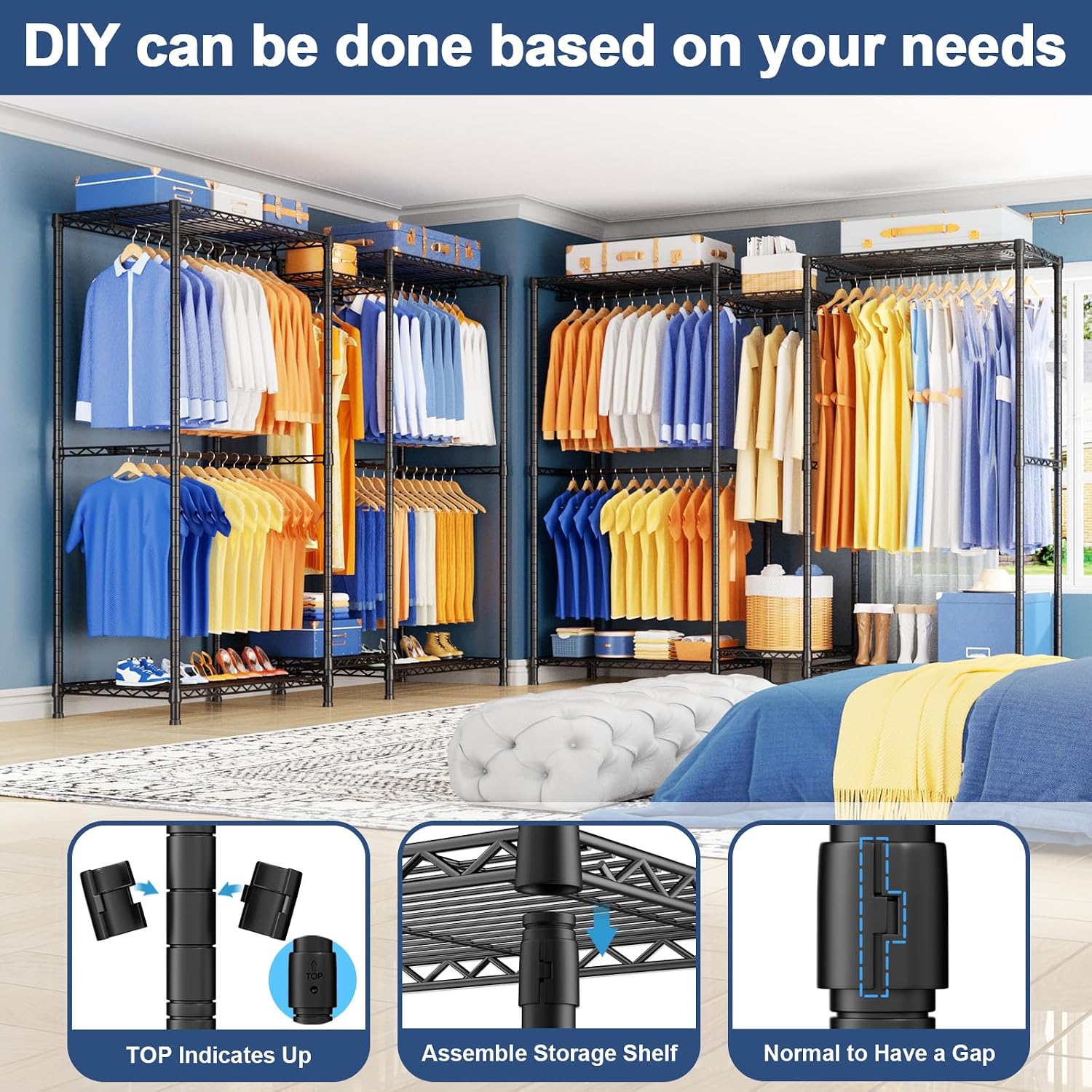 Ulif E12 Pro Clothes Rack，Heavy Duty Freestanding Garment Rack with Shelves，Metal Clothing Closet Storage System for Hanging Clothes，71' W x 16' D x 76.5' H, Hold 960 lbs，Black