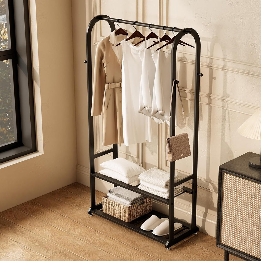 Sturdy metal clothes rack,Black freestanding clothing rack with bottom shelves and 6 side hooks,garment rack for hanging clothes,Wardrobe rack for Bedroom or cloakrooms