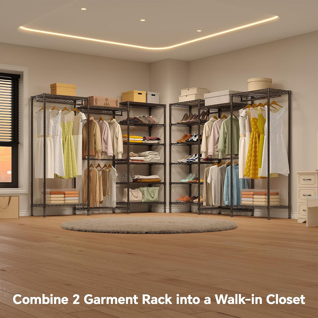 Higeego H12 Heavy Duty Clothes Rack with Adjustable 5-Tier Shoe Rack, Freestanding Clothing Racks for Hanging Clothes, Metal Shoe Organizer Large Closet Racks, 15.7' D x 68.7' W x 76.4' H, Black