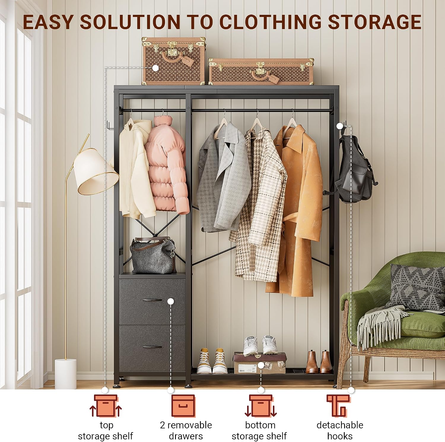 Lulive Clothes Rack with 2 Rods, Shelves, Drawers & Hooks, Garment Rack | Clothes rack with 2 hanging rods (50lbs each), 2 shelves, 2 fabric drawers & 4 hooks. 300lb total capacity. Fits small spaces