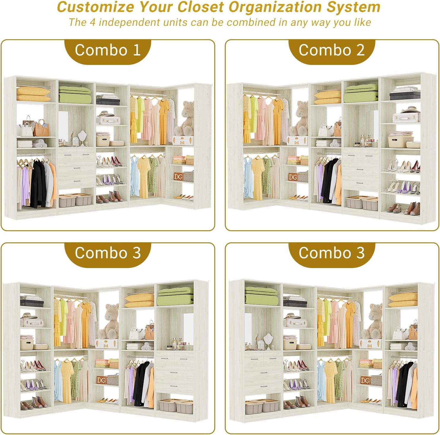 Unikito 110' Closet System with Drawers, 9.3FT Corner Closet Organizer with 4 Hanging Rods, Reversible Large Wood L Shaped Walk in Closets Wardrobe with Shoe Shelves, Set of 4, White Oak