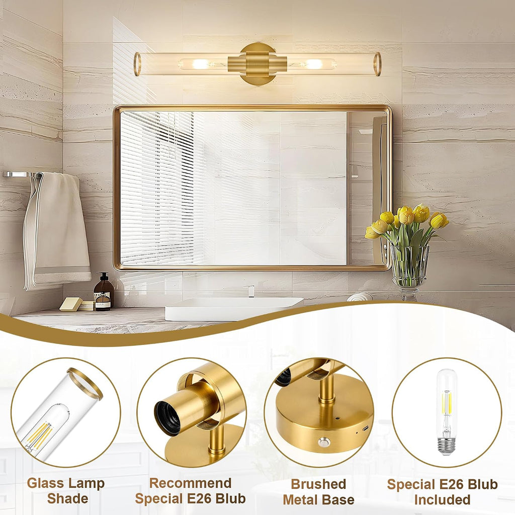 Morauroral Gold Battery Operated Wall Sconces Set of 2, Rechargeable Wall Lights with Remote Control, 20 Inch Modern Wireless Wall Lamp for Bedroom, Living Room with Clear Glass Shade (Bulbs Included)
