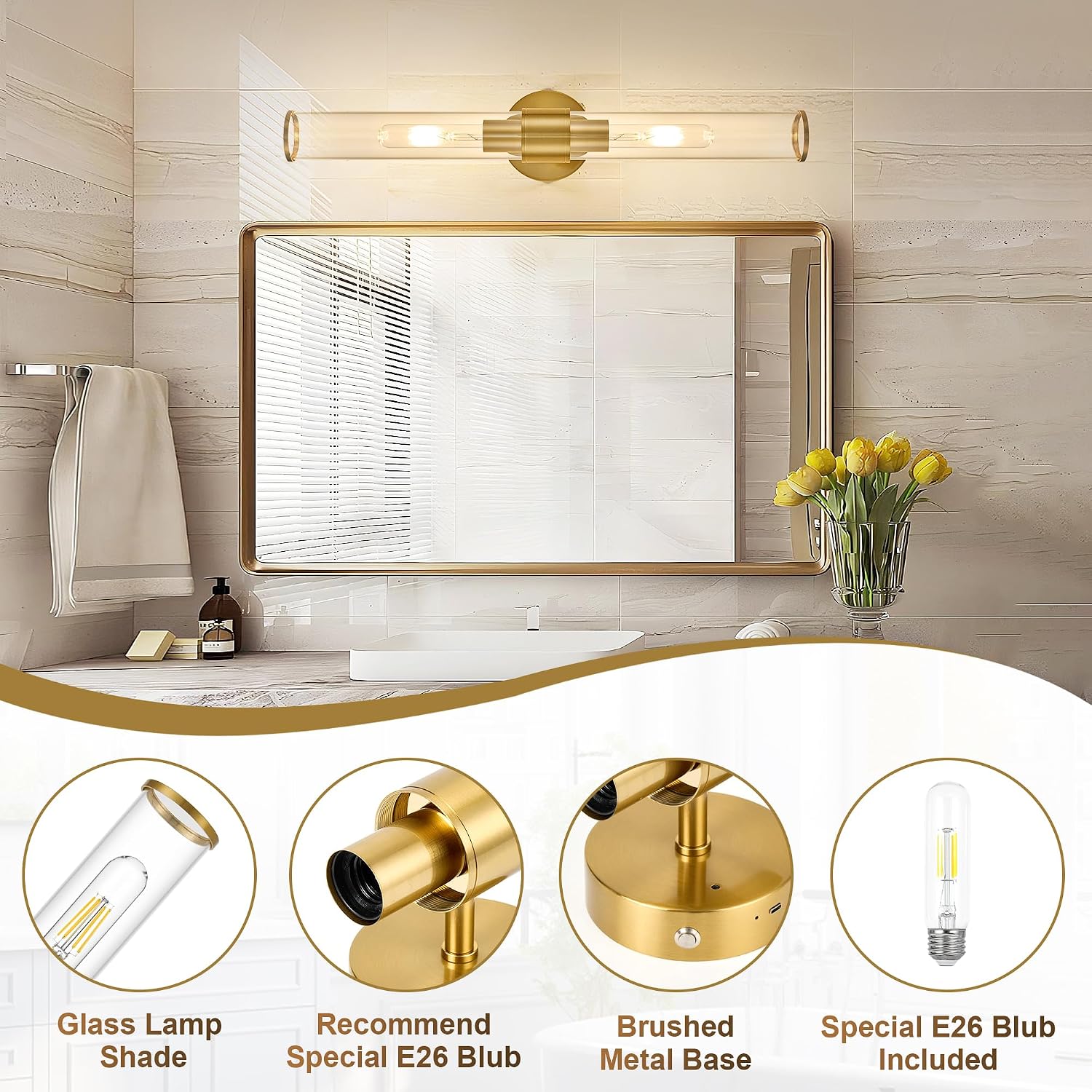 Morauroral Gold Battery Operated Wall Sconces Set of 2, Rechargeable Wall Lights with Remote Control, 20 Inch Modern Wireless Wall Lamp for Bedroom, Living Room with Clear Glass Shade (Bulbs Included)