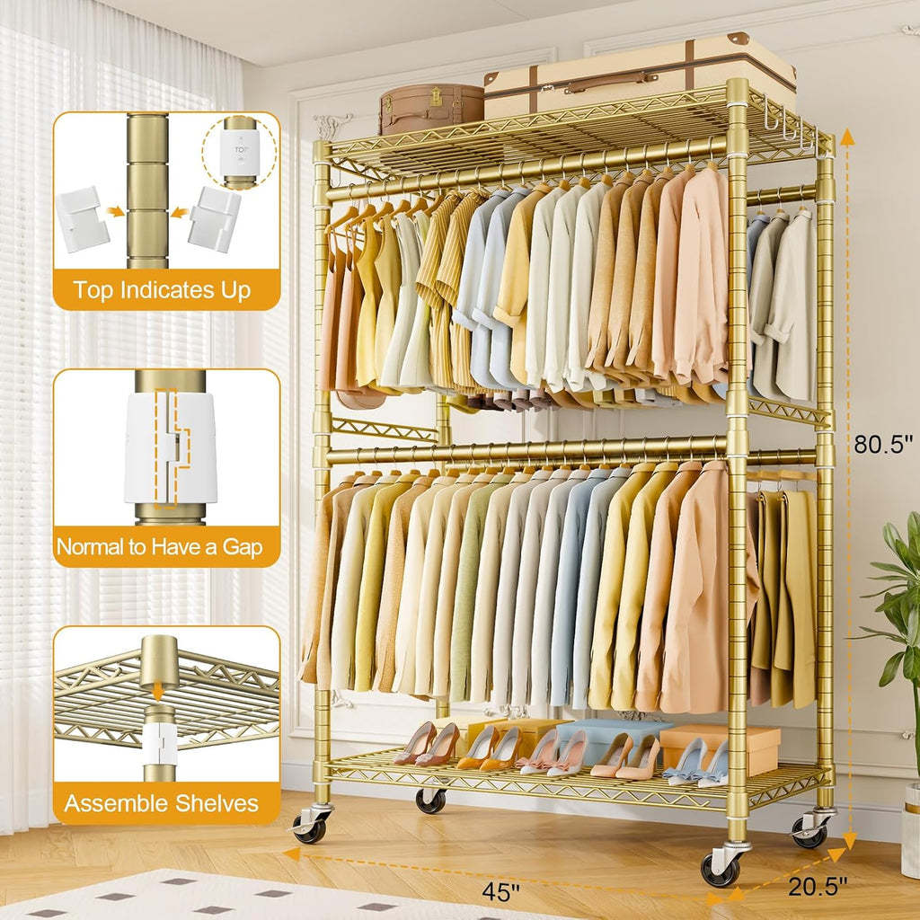 ULIFHOME P4 Plus Rolling Clothes Rack Heavy Duty, Clothing Racks for Hanging Clothes, Free Standing Garment Racks with Wheels, Portable Closet Rack 45'' W × 20.5'' D × 80.5'' H, Max Load 570 Lbs, Gold