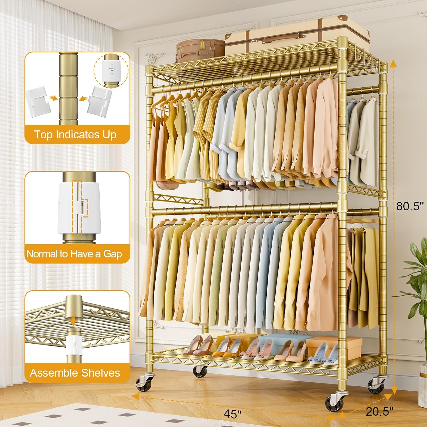ULIFHOME P4 Plus Rolling Clothes Rack Heavy Duty, Clothing Racks for Hanging Clothes, Free Standing Garment Racks with Wheels, Portable Closet Rack 45'' W × 20.5'' D × 80.5'' H, Max Load 570 Lbs, Gold