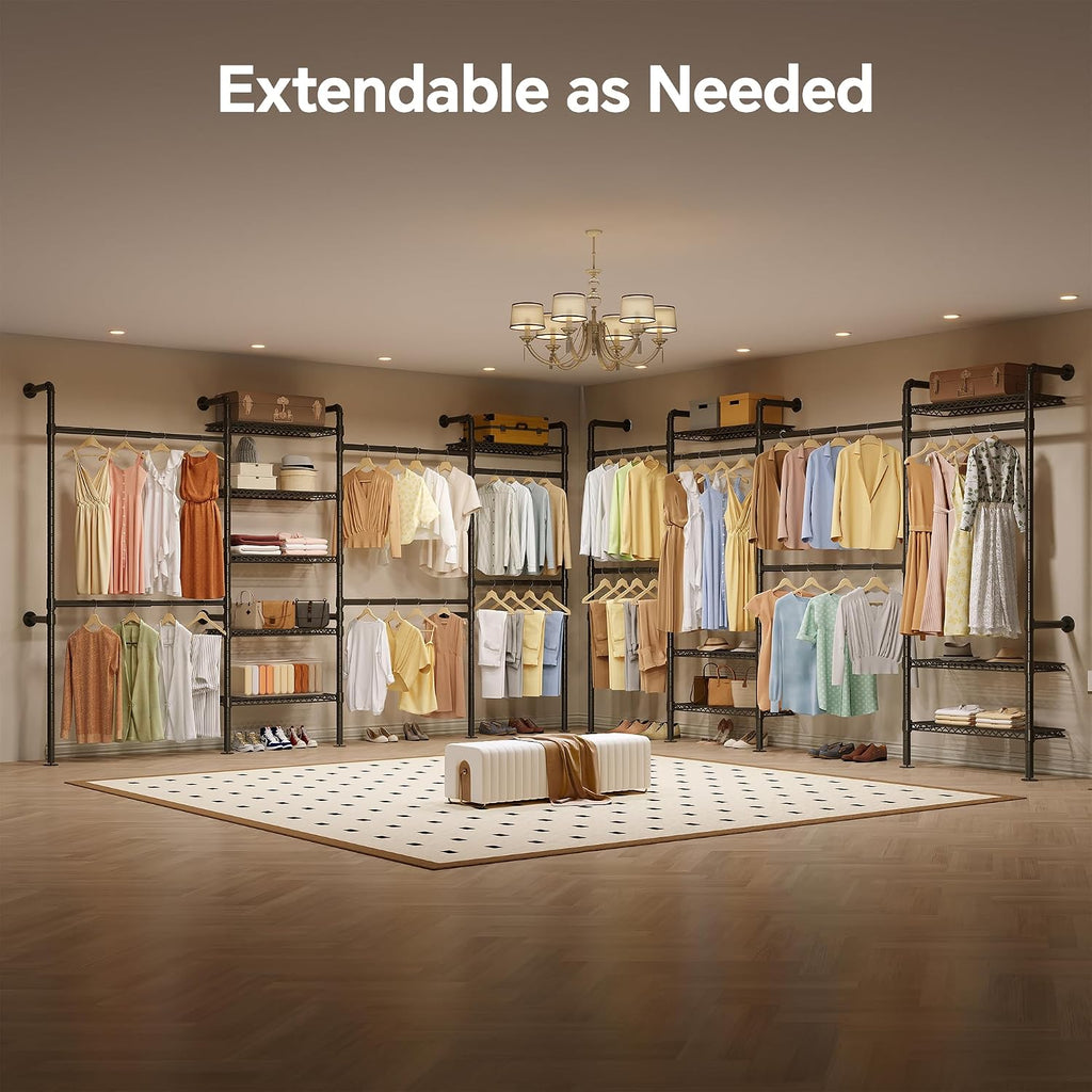 Higeego W4 Industrial Pipe Clothing Rack Wall Mounted Closet System Expandable Clothes Rack for Hanging Clothes, Heavy Duty Garment Rack Adjustable for Walk in Closet, Black