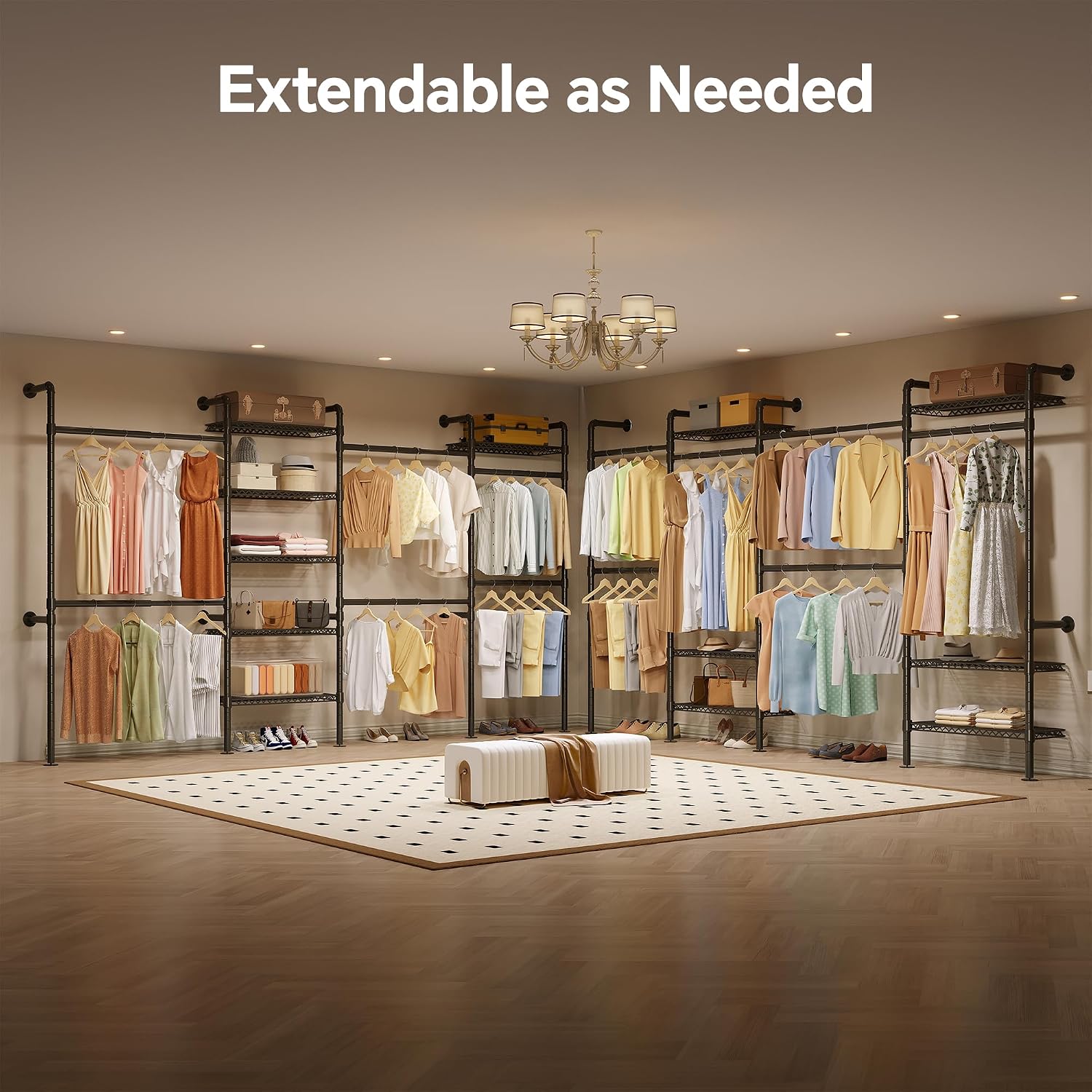 Higeego W4 Industrial Pipe Clothing Rack Wall Mounted Closet System Expandable Clothes Rack for Hanging Clothes, Heavy Duty Garment Rack Adjustable for Walk in Closet, Black