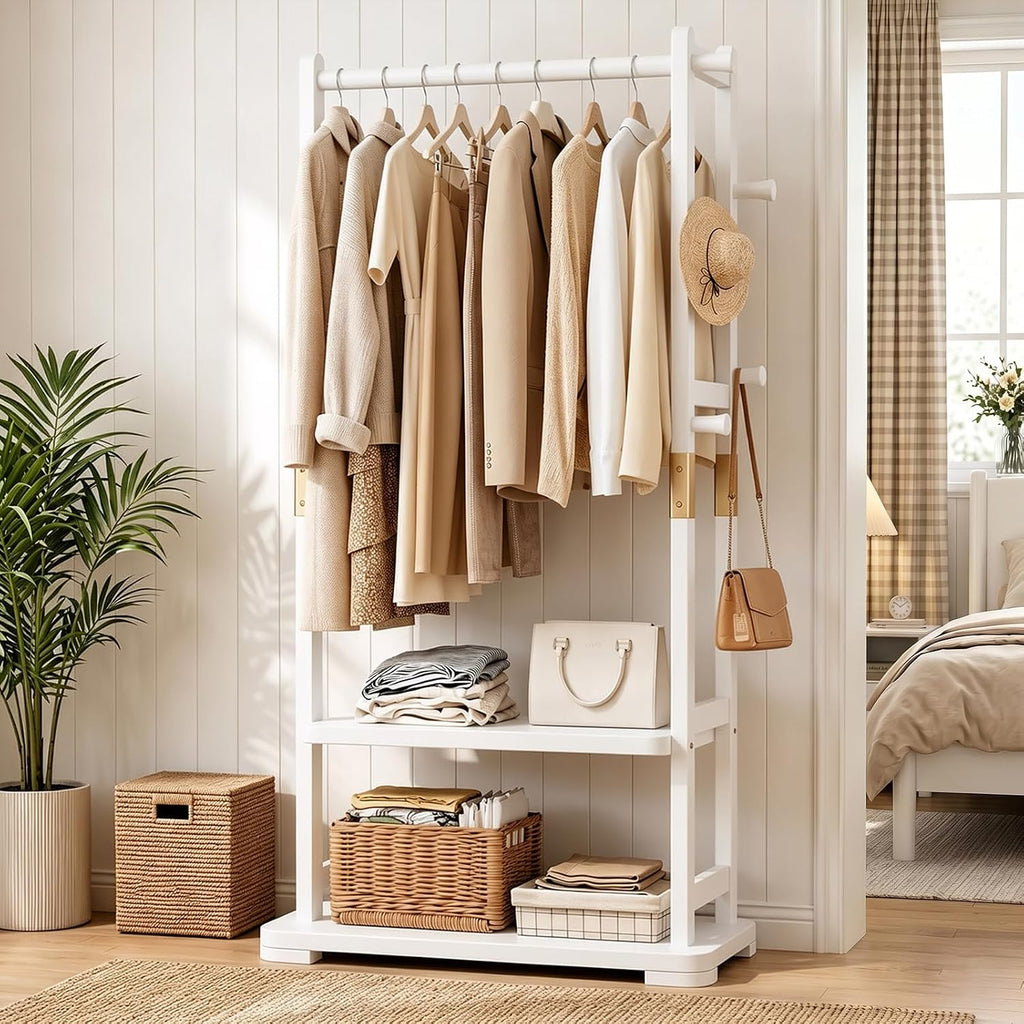 Solid Wood Clothes Rack with 2 Shelves & 4 Hooks for Hanging Clothes Garment Wallets Hats, White Clothing Rack Heavy Duty Coat Rack Freestanding with Storage Hall Tree for Hallway Bedroom Living Room