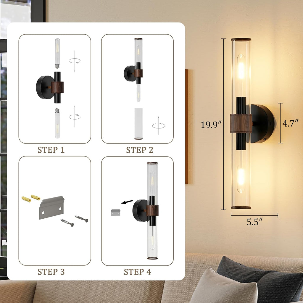 Morauroral Black Walnut Battery Operated Wall Sconces Set of 2, Rechargeable Wall Lights with Remote, 20 Inch Modern Wireless Sconces Wall Lighting for Bedroom, Living Room,TV with Glass Shade