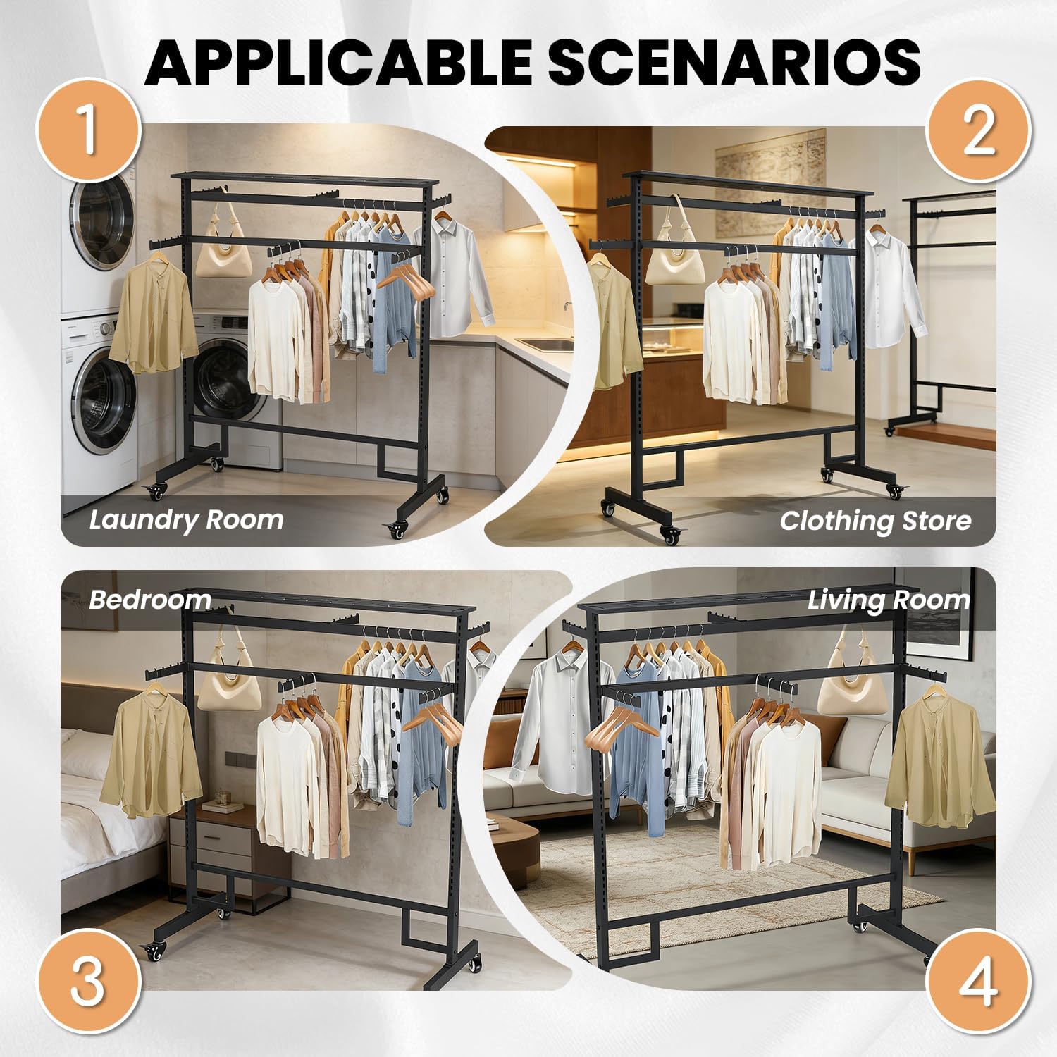 Retail Clothing Rack with wheels, 6 Arms Commercial Clothing Display, Height Adjustable Garment Rack, Free Standing Metal Clothing Rack, for Retail clothing store Home Laundry Room (black)