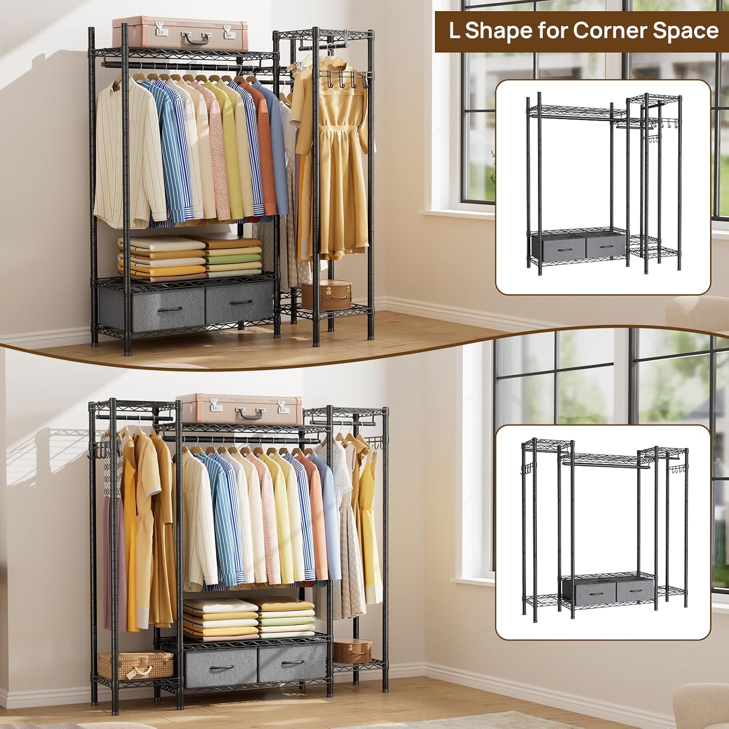 Golpart Coat Rack Clothes Wardrobe：Closet Organizer and Storage Clothing Garment Rack with Shelves Heavy Duty for Hanging Clothes Portable Adjustable Black 15.8' DX61 WX76.5 H