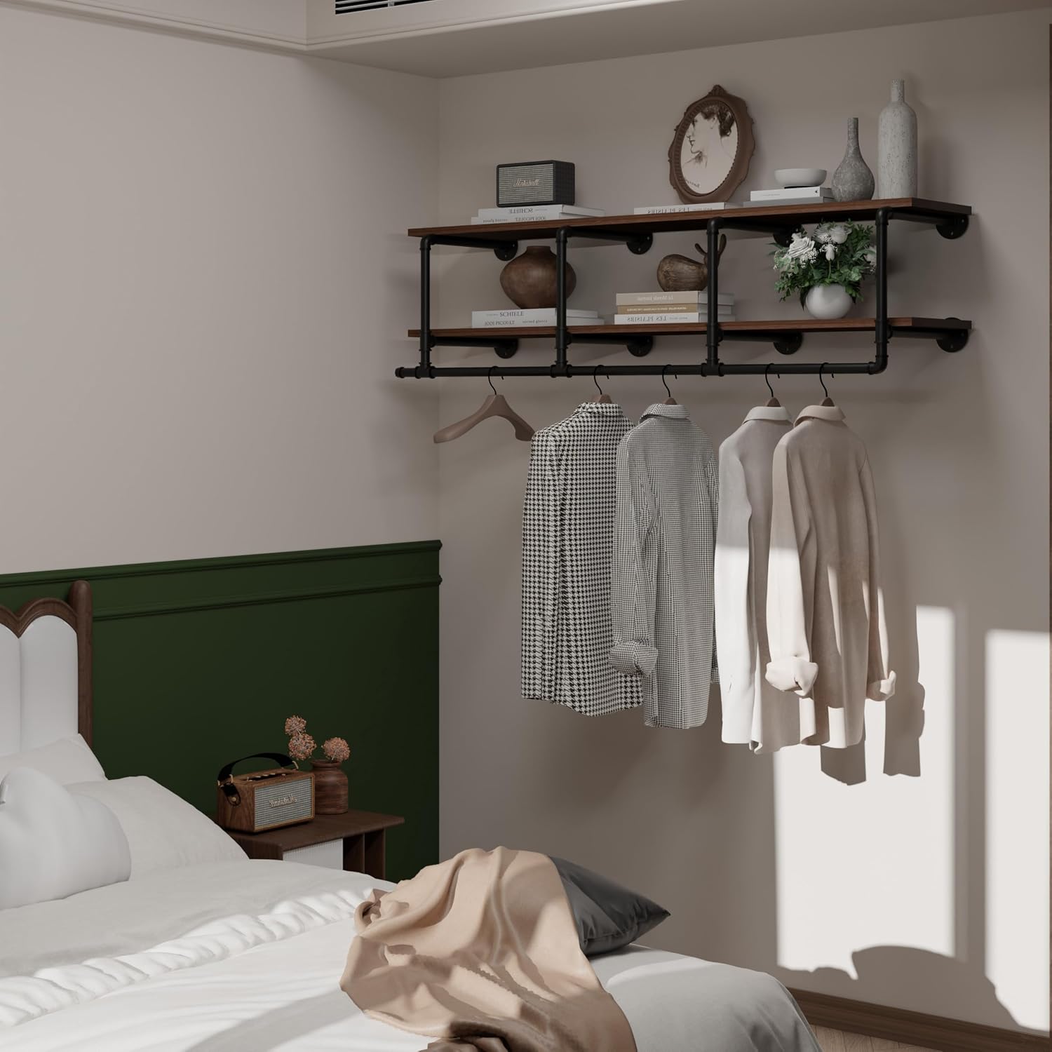 Wall Mounted Clothes Rack 12 Inch Deep, 60 Inch Heavy Duty Garment Rack with Real Walnut Wood Shelf, Multi-Purpose Hanging Rod & Space-Saving Closet Storage Organizer
