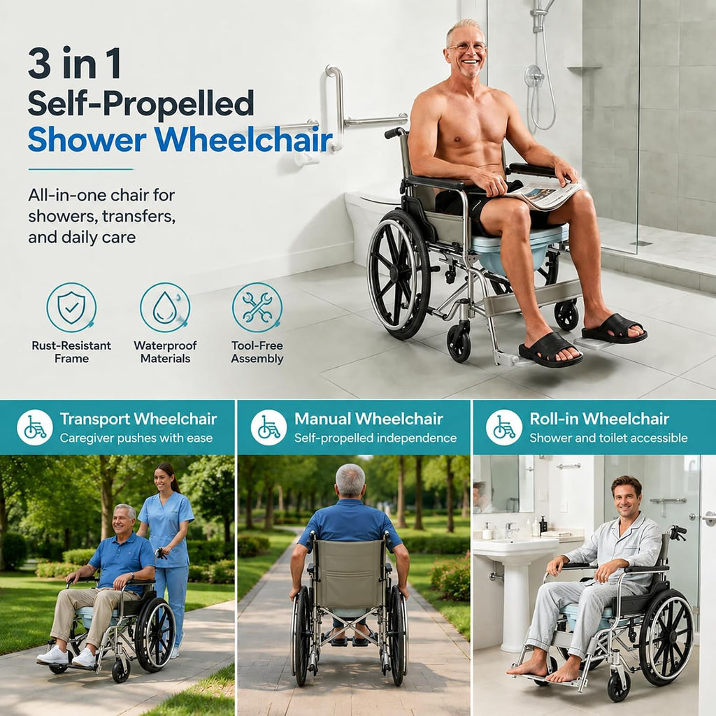 Shower Commode Wheelchair, 17in Width Seat Aluminum Alloy Bathroom Wheelchair for Inside Shower Bathroom Wheelchair Portable Self-Propelled Wheel Chairs for Adults Seniors