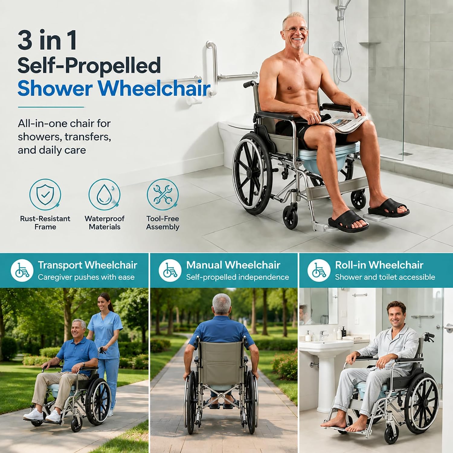Shower Commode Wheelchair, 17in Width Seat Aluminum Alloy Bathroom Wheelchair for Inside Shower Bathroom Wheelchair Portable Self-Propelled Wheel Chairs for Adults Seniors