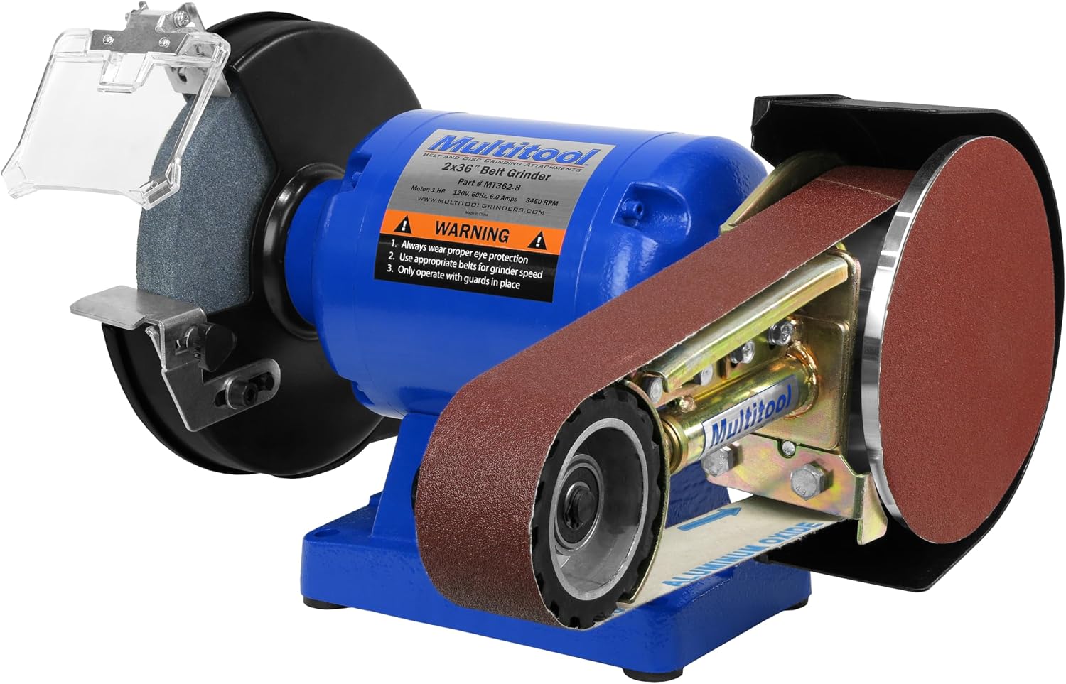 Multitool 2' x 36', 1 hp Industrial Belt Grinder, 8' Bench Grinder with Multitool Grinders Belt Attachment
