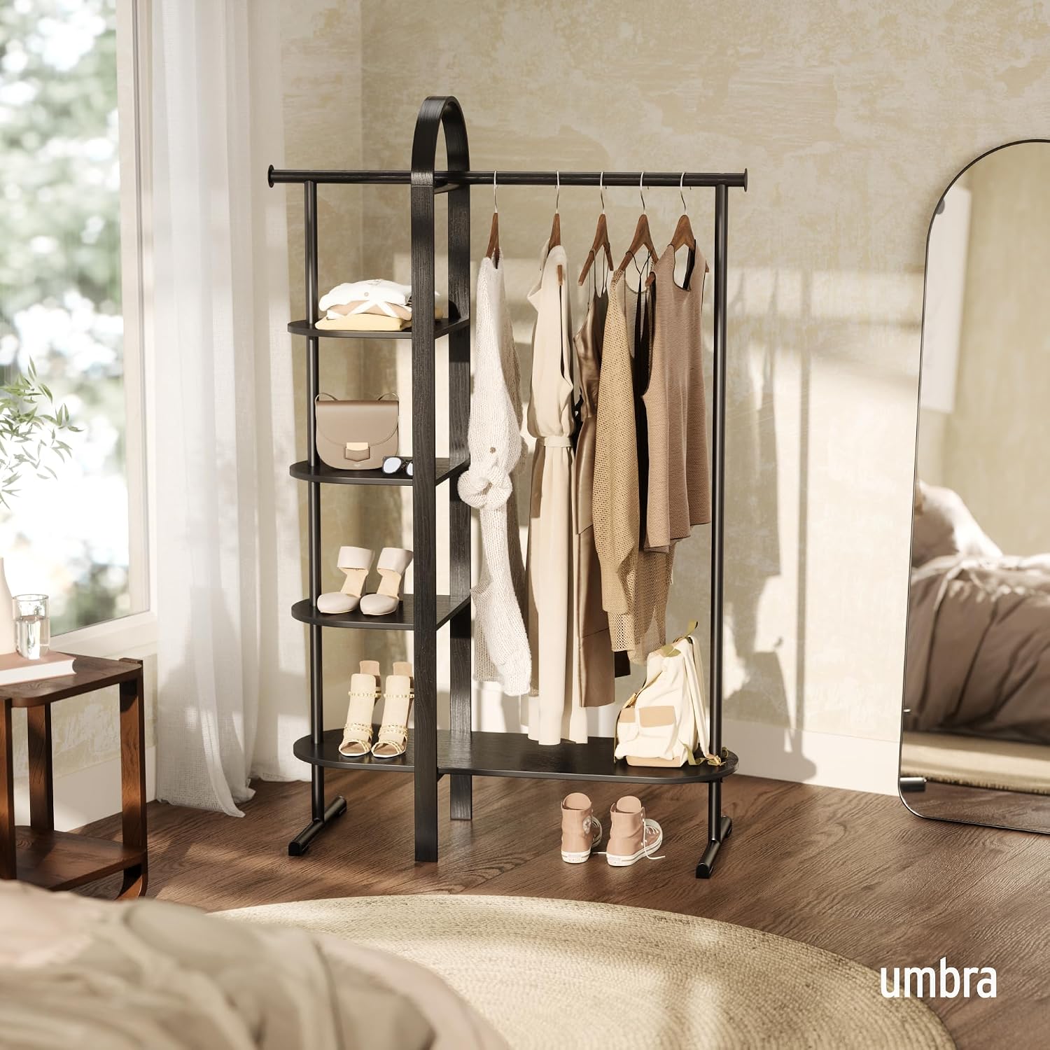 Umbra Bellwood Garment Rack Clothes Stand for Clothing, Coats, Dresses, with Shelf for Shoes and Accessories, Black