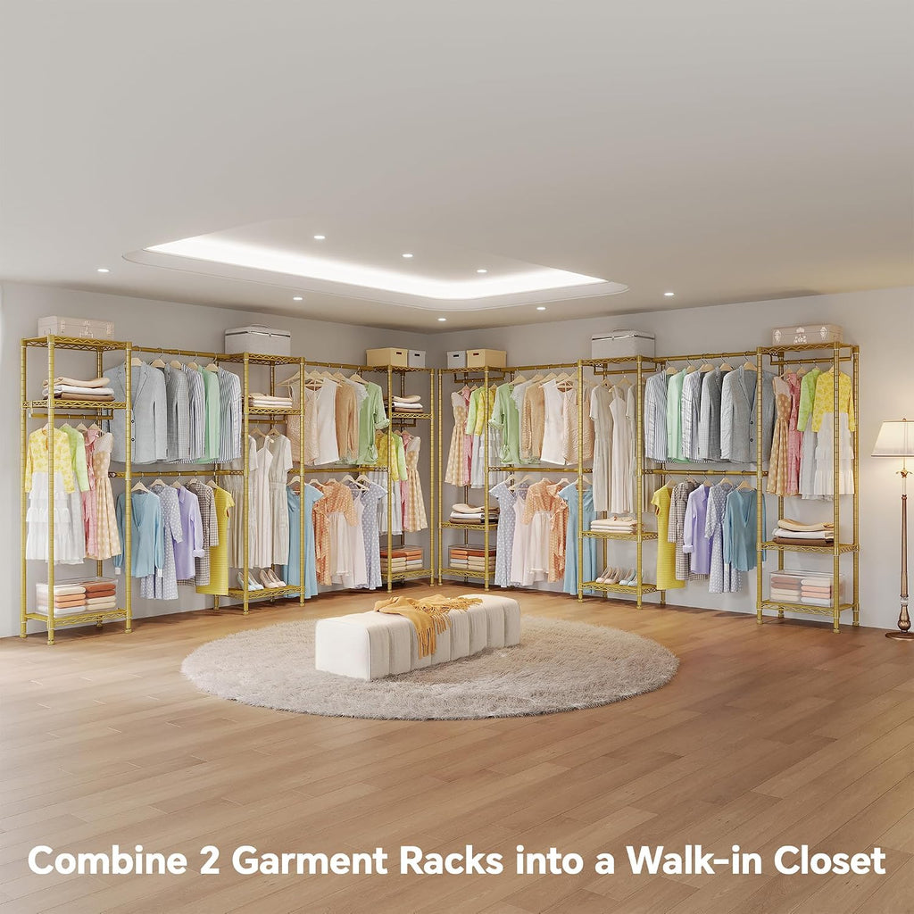 Higeego Large Clothes Rack, Clothing Rack for Hanging Clothes, Heavy Duty Garment Rack, Freestanding Wardrobe Closet with Extendable Hanger Rods, Width from 7.8 to 10.8 ft, H11 Gold