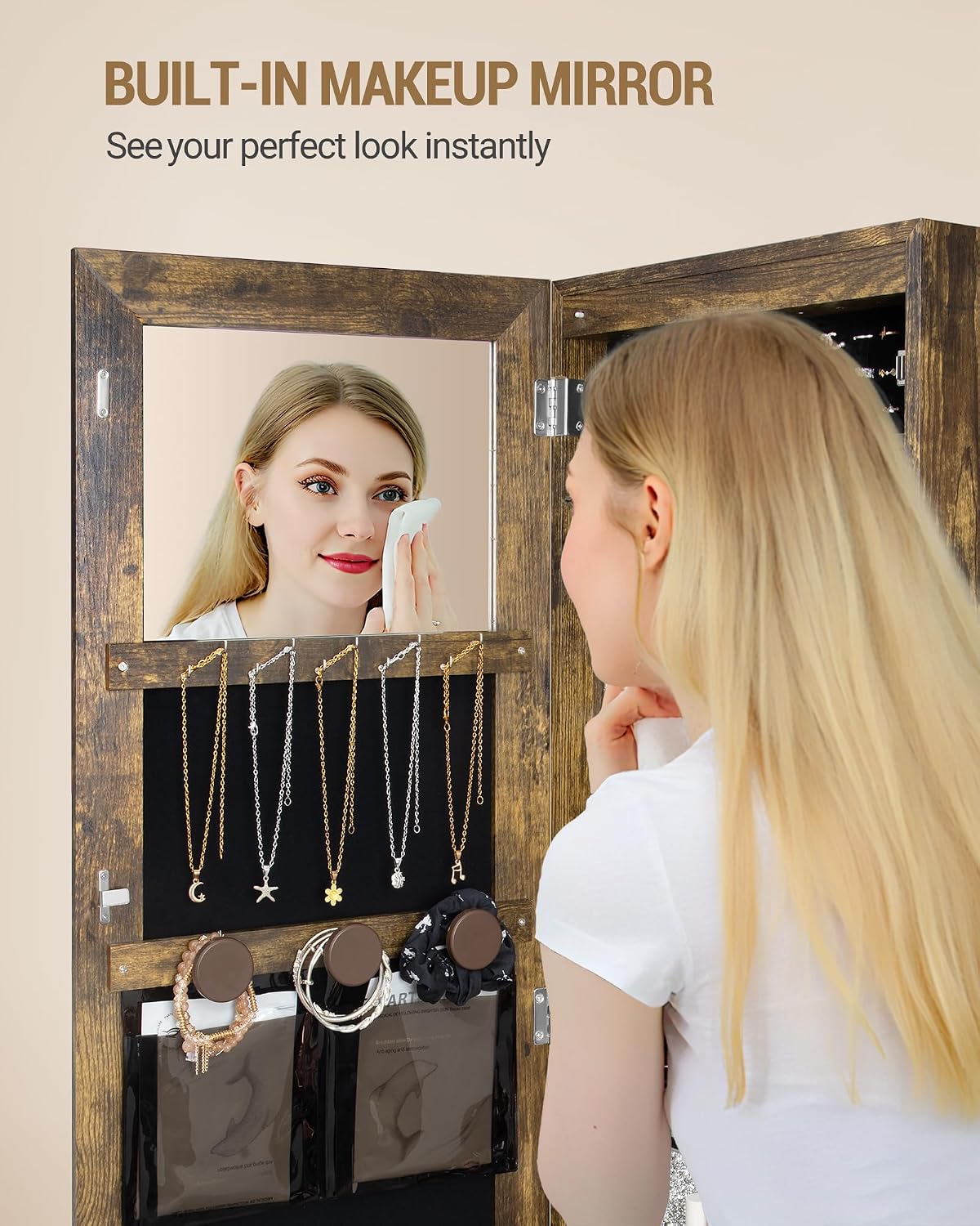 Hzuaneri 8 LEDs Jewelry Cabinet Armoire, 66.9-inch Jewelry Organizer with Garment Rack, Lockable Full-length Mirror with 4 Wheels, Storage Shelves with Hooks, 5-in-1, Toasted Oak JC17007B