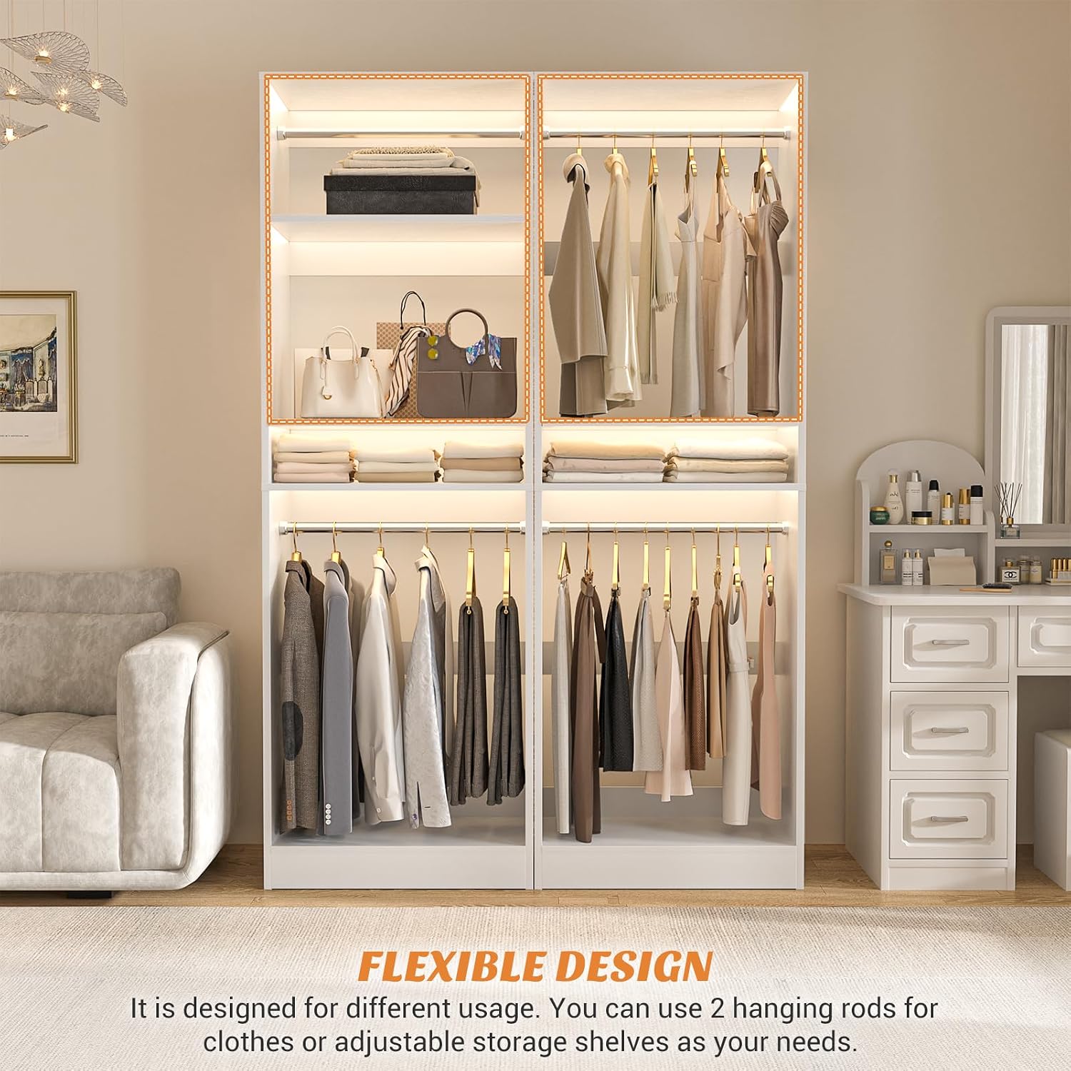 Unikito Freestanding Closet System, 25' Closet Organizer Wardrobe with Hanging Rods & Shelve, Adjustable Clothes Garment Rack, Sturdy Walk in Closet Tower, Easy Assembly, 25' W x 16' D x 80' H, White