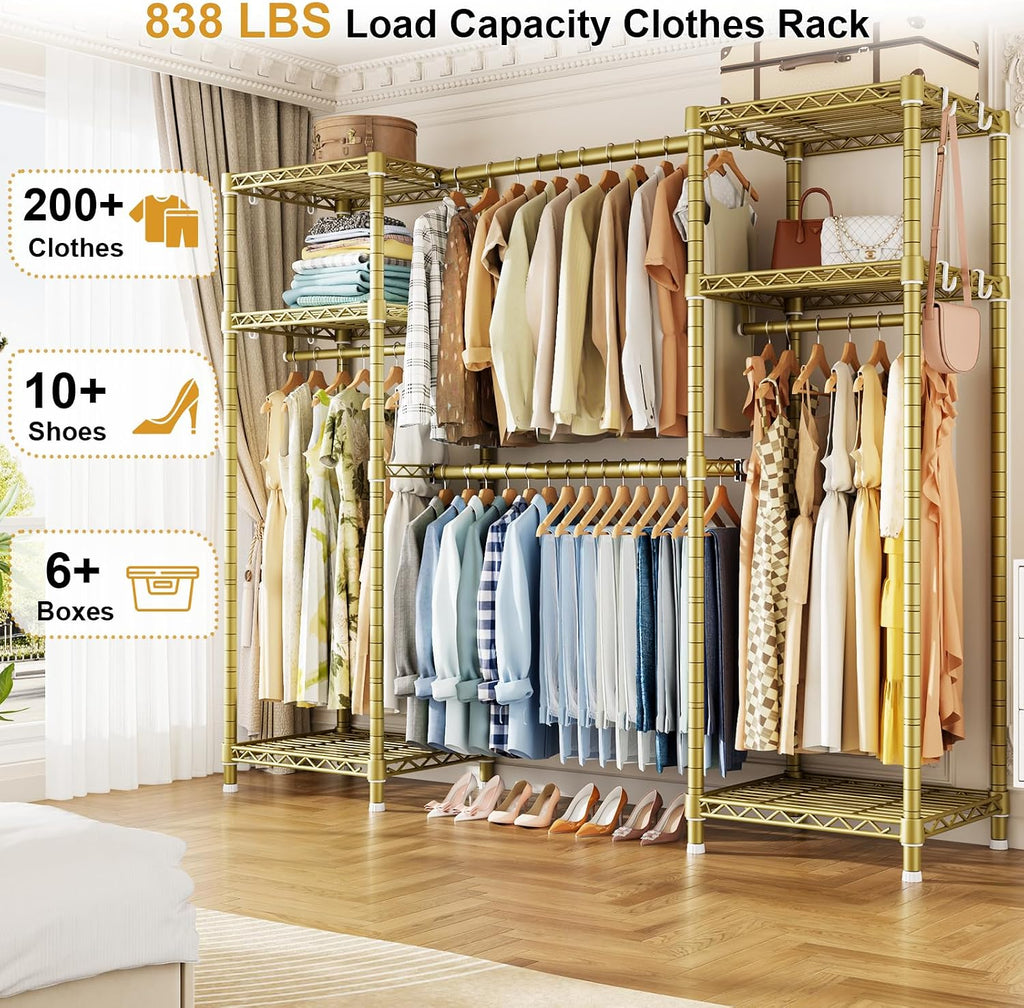 Ulif E7 Garment Rack, Heavy Duty Clothes Storage System with Extendable Hangers Rods, Metal Clothing Rack with 6 Wire Shelves, (52.3'-72') W x 14.5' D x 71.2' H, Load 838lbs, Gold