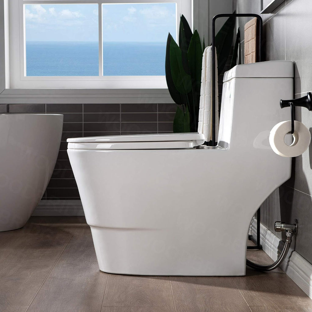 WOODBRIDGEE One Piece Toilet with Soft Closing Seat, Chair Height, 1.28 GPF Dual, Water Sensed, 1000 Gram MaP Flushing Score Toilet with Mattle Black, White,B0940-F-MB
