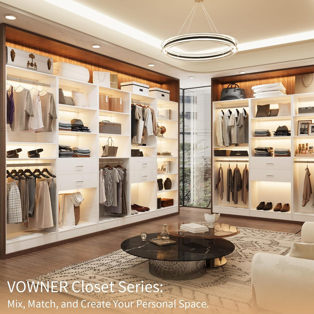 VOWNER 50'' Freestanding Closet System with 10 Adjustable Shelves, Wood Walk-in Closet Organizer System, Clothes Garment Rack, Adjustable Shelving Unit, Small Wardrobe Closet Bedroom Entryway