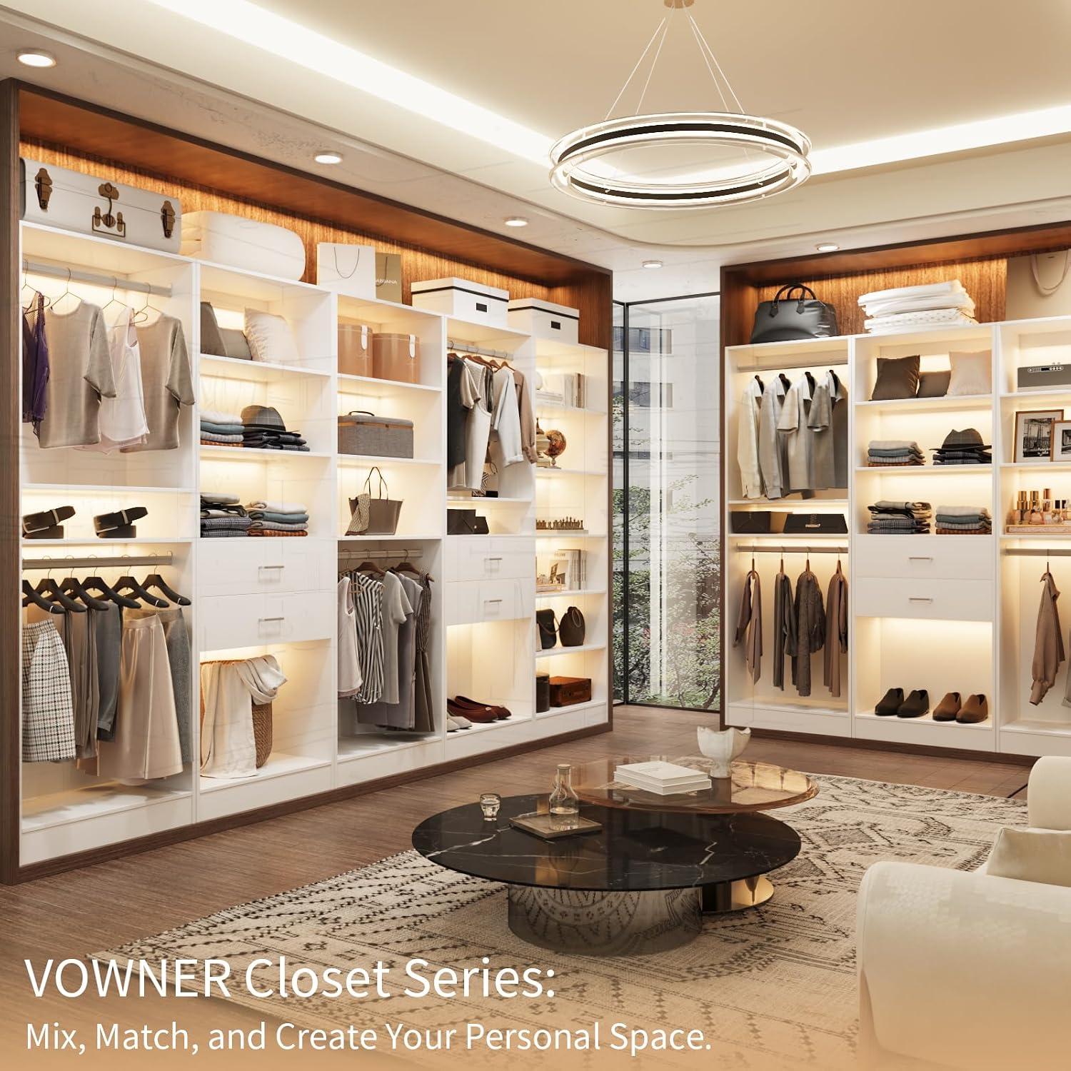 VOWNER 50'' Freestanding Closet System with 10 Adjustable Shelves, Wood Walk-in Closet Organizer System, Clothes Garment Rack, Adjustable Shelving Unit, Small Wardrobe Closet Bedroom Entryway