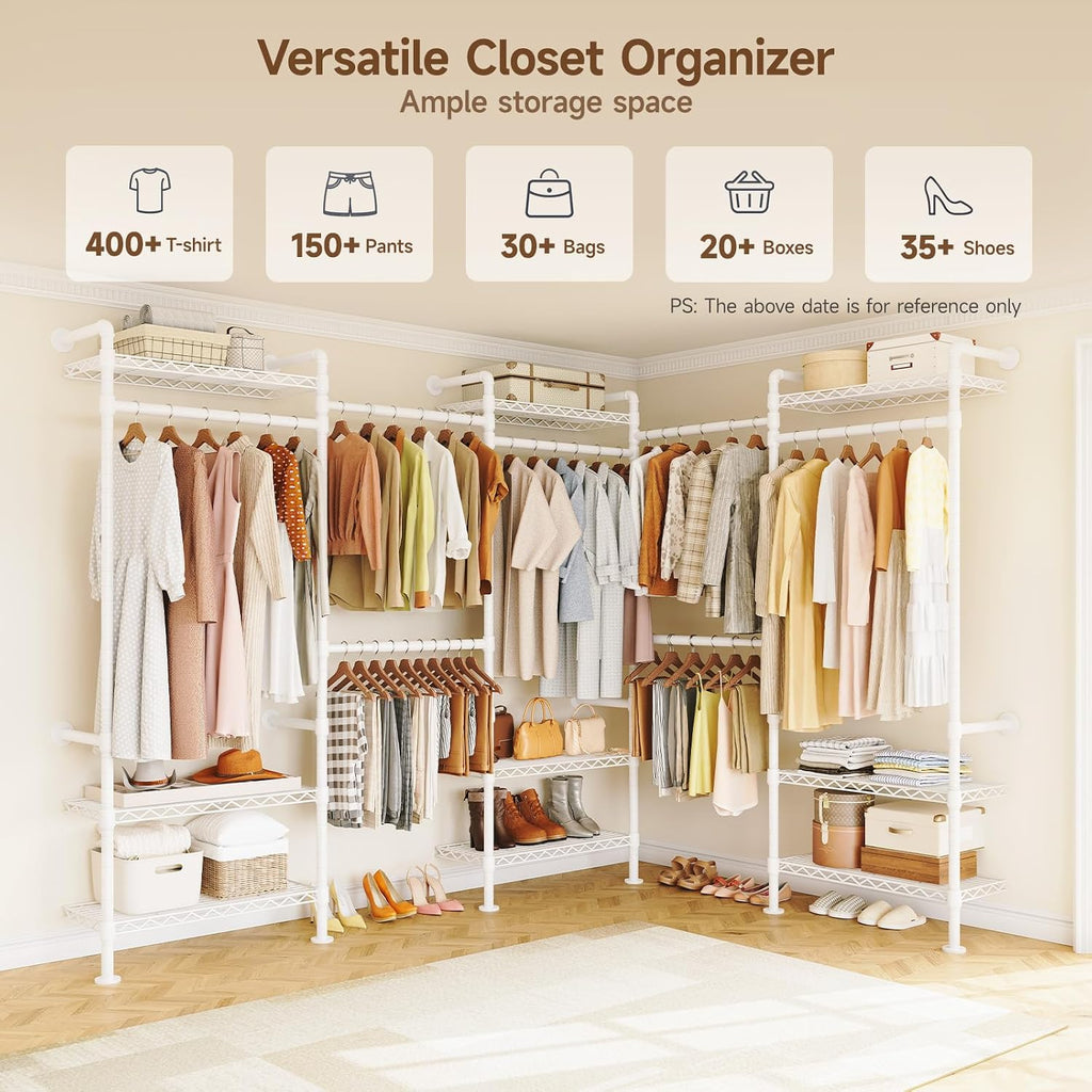 U5 Wall Mounted Closet System, Industrial Pipe Clothing Rack Garment Racks for Hanging Clothes, Heavy Duty Closet Organizers System in Wardrobe Closet, White