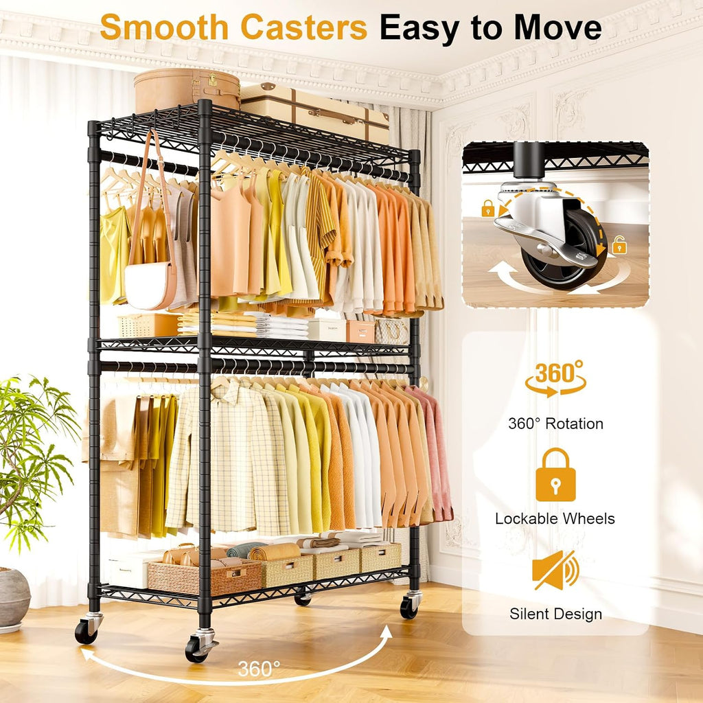 ULIFHOME P5 Plus Rolling Clothes Rack Heavy Duty, Clothing Racks for Hanging Clothes, Metal Garment Rack with Wheels, 3-Tier Portable Closet Rack 45'' W × 20.5'' D × 80.5'' H, Max Load 660 Lbs, Black