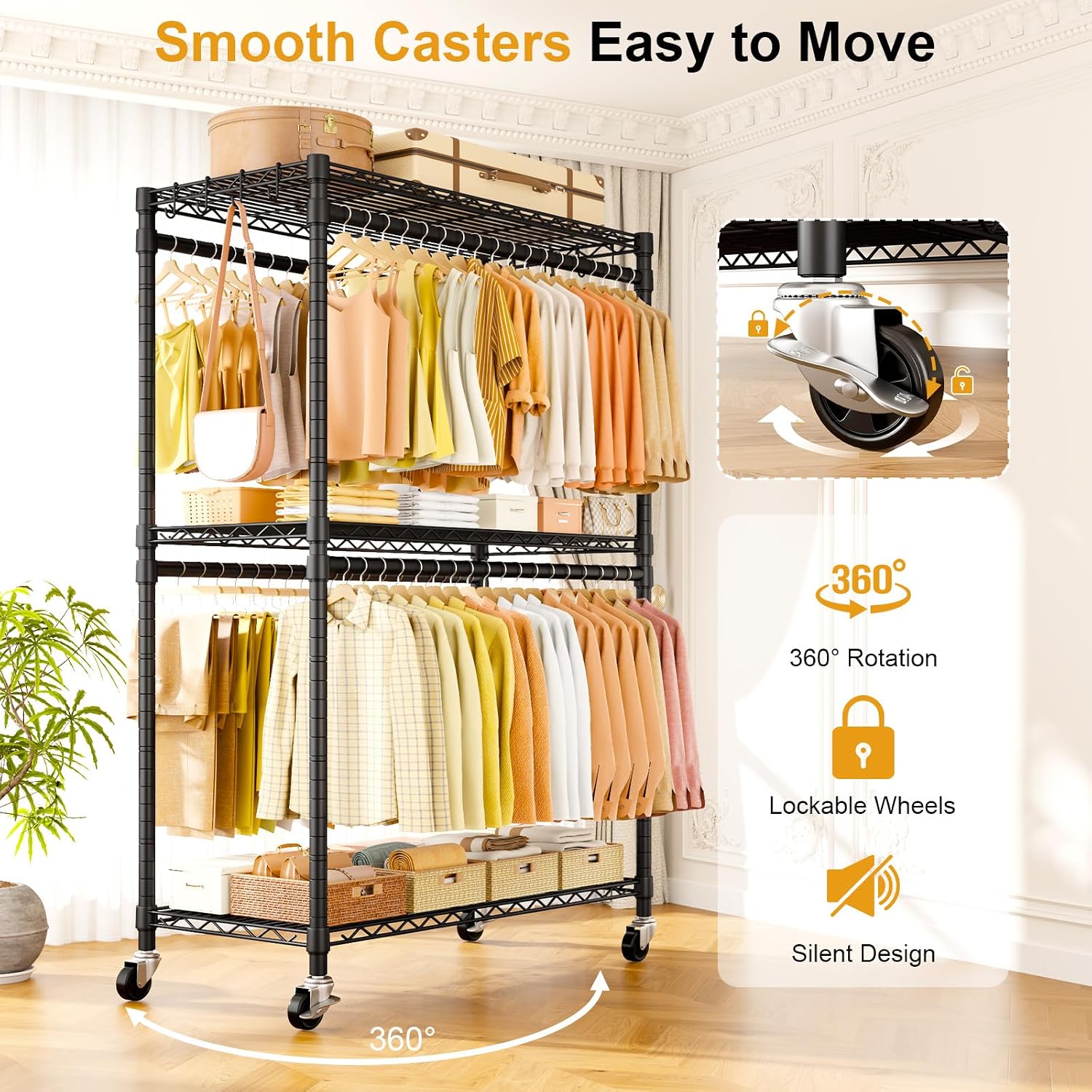 ULIFHOME P5 Plus Rolling Clothes Rack Heavy Duty, Clothing Racks for Hanging Clothes, Metal Garment Rack with Wheels, 3-Tier Portable Closet Rack 45'' W × 20.5'' D × 80.5'' H, Max Load 660 Lbs, Black