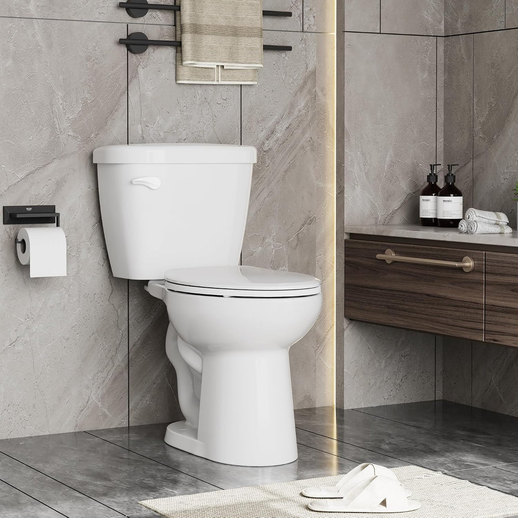 Two-Piece Elongated Toilet Set, Water Conserving Single Flush with Soft-Close Seat, Standard Installation for Home Bathrooms