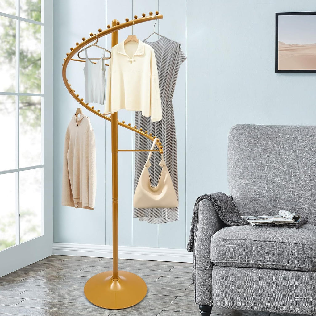 Heavy Duty Spiral Rotating Clothing Rack, 360° Freestanding Garment Display Modern Stand, Portable Round Standing Metal Sturdy Hanger for Space Saving, Modern Retail & Home, Shops, Boutique (Gold)