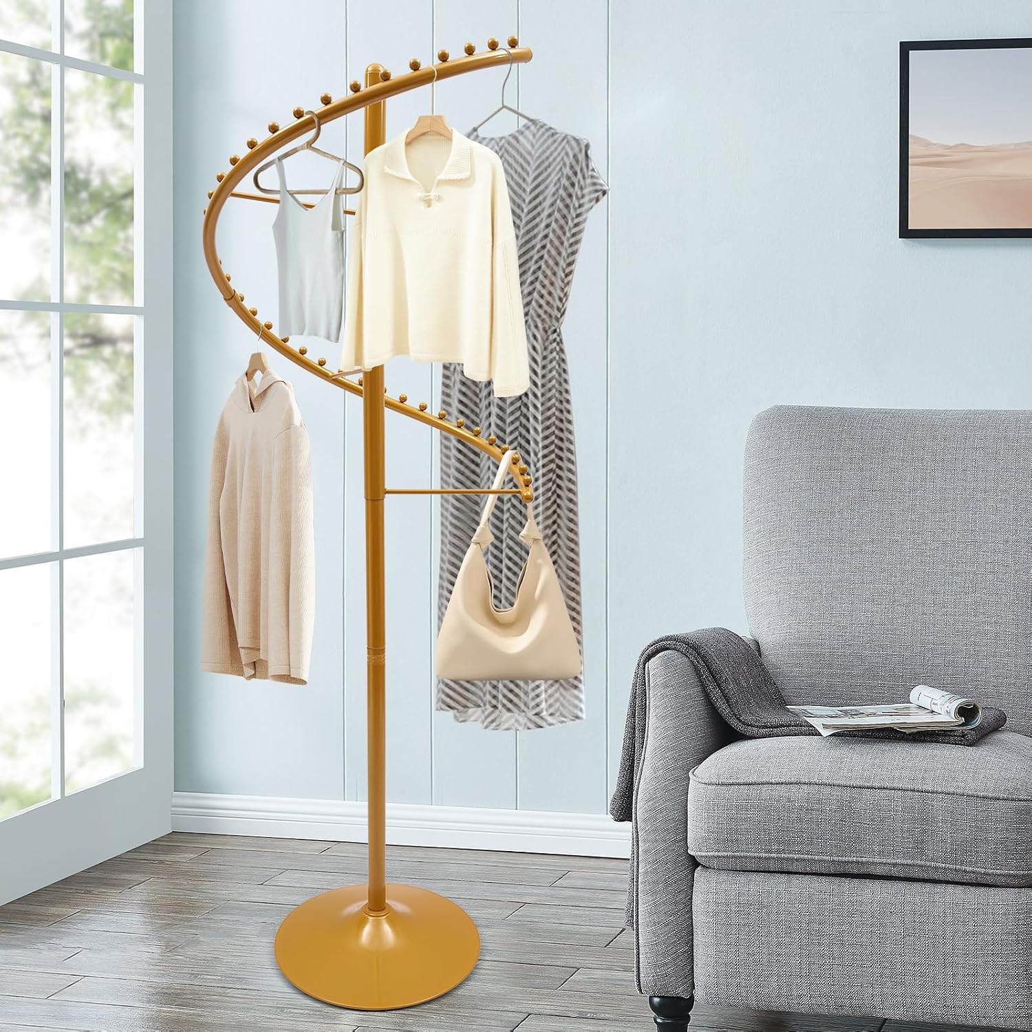Heavy Duty Spiral Rotating Clothing Rack, 360° Freestanding Garment Display Modern Stand, Portable Round Standing Metal Sturdy Hanger for Space Saving, Modern Retail & Home, Shops, Boutique (Gold)