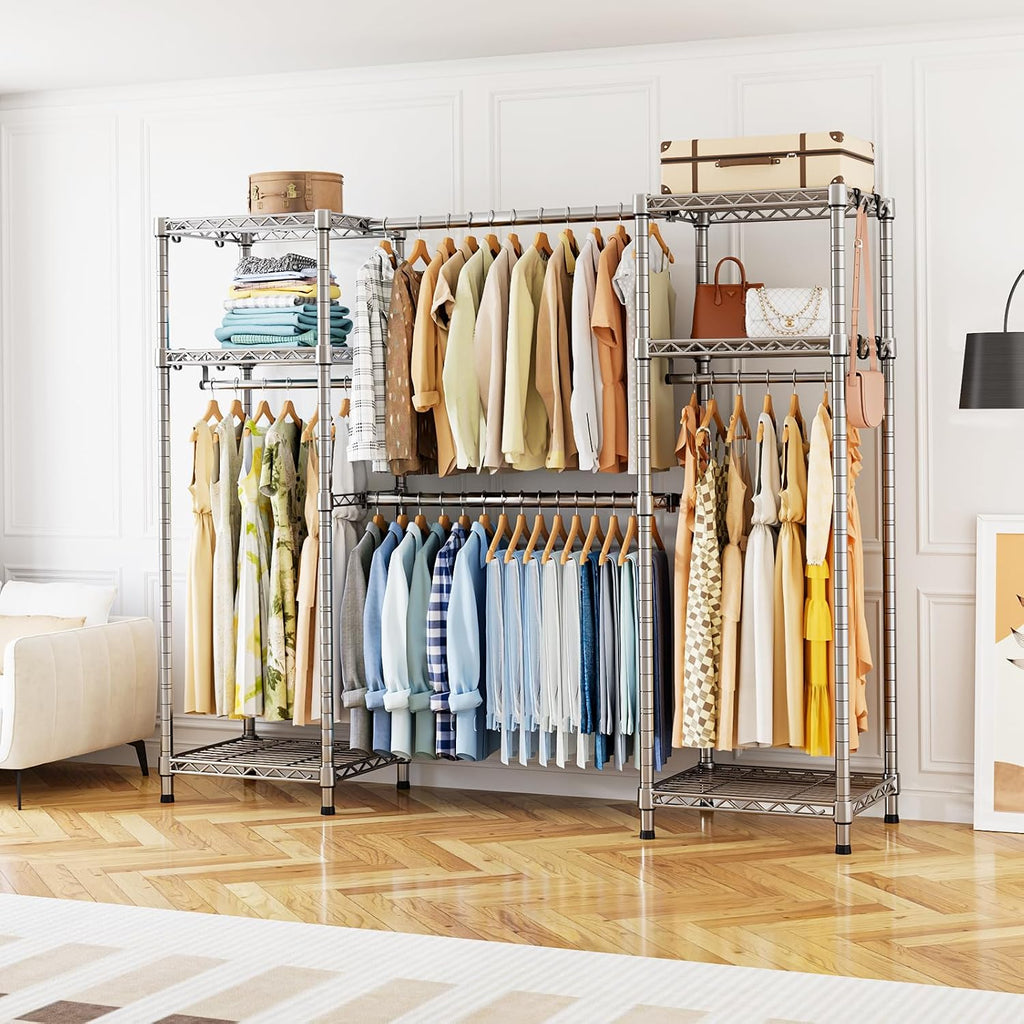 Ulif E7 Garment Rack, Heavy Duty Clothes Storage System with Extendable Hangers Rods, Metal Clothing Rack with 6 Wire Shelves, (52.3'-72') W x 14.5' D x 71.2' H, Load 838lbs, Chrome