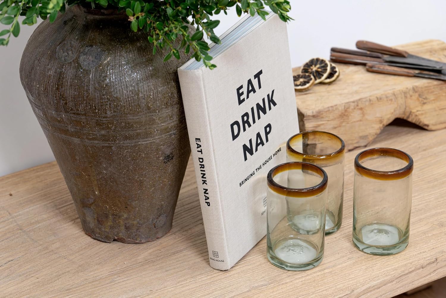 Amber Rim 120 oz Pitcher and 6 Drinking Glasses set, Recycled Glass, Lead-free, Toxin-Free (Pitcher & Glasses)