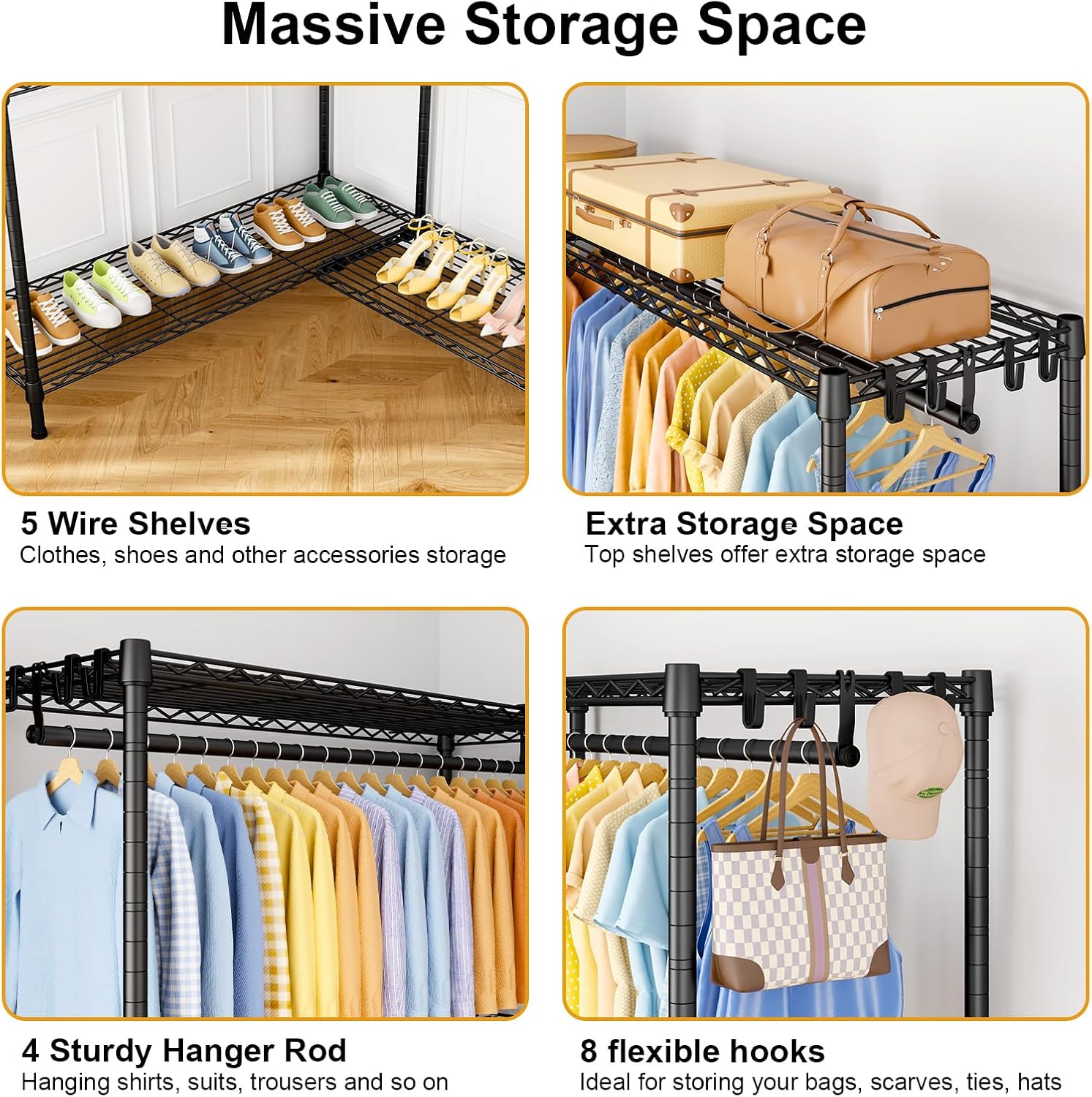 ULIFHOME E15 Max Garment Rack L Shaped Clothes Rack for Corner，Freestanding Clothing Racks for Hanging Clothes，Heavy Duty Closet System with 4 Hanging Rods & 8 S Hooks，57' W x 15.8' D x 78.4' H，Black