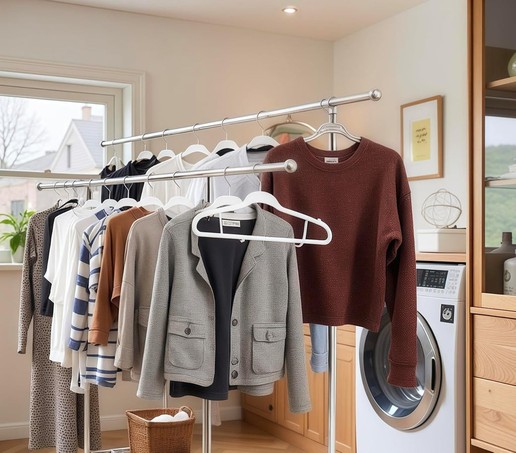 Roeveca Stainless Steel Clothes Rack, 3-Rod Garment Rack for Hanging Clothes with 4 Wheels Load 600 LBS
