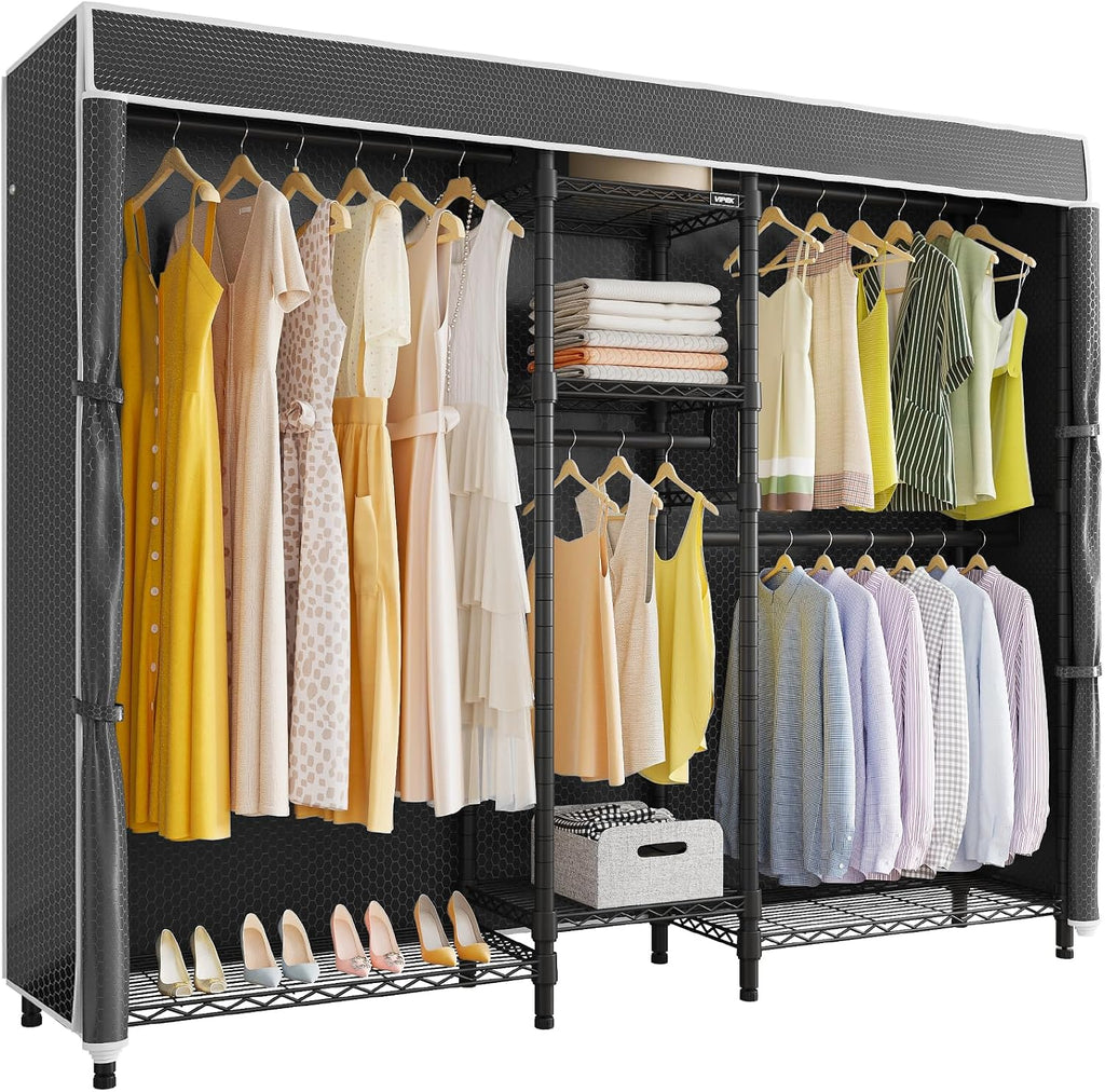 VIPEK Classic V6C Heavy Duty 5 Tiers Wire Garment Rack Large Size Wardrobe Closet Black Metal Clothing With Oxford Fabric Cover, 70.1' L x 17.3' W x 76.4' H, Max Load 870 LBS