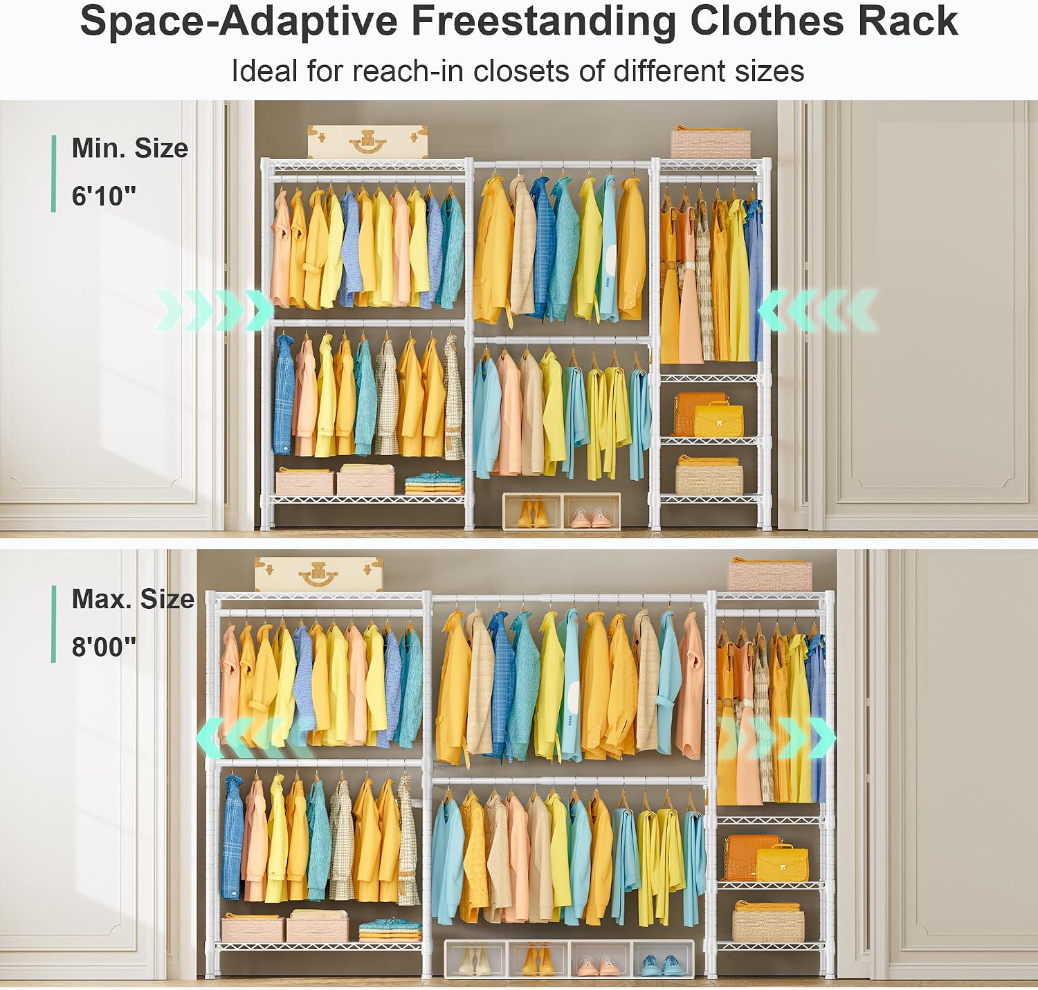 SEMHOR E01 Expandable Heavy Duty Clothes Rack, Free Standing Closet System Organizer, Adjustable Portable Carbon Steel Garment & Clothing Racks for Hanging Clothes (72.5-96'), 800LBS Max Load, White