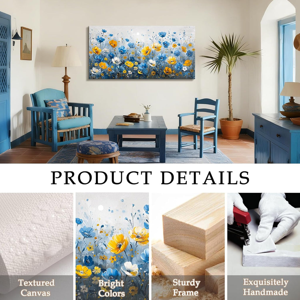 SERIMINO Extra Large Wall Art, Floral Wall Art, Nature Wall Decor, Boho Flower Market Prints, Blue Wildflowers Home Decorations, Aesthetic Pictures for Living Room Bedroom Dining Room Hallway 29'x57'